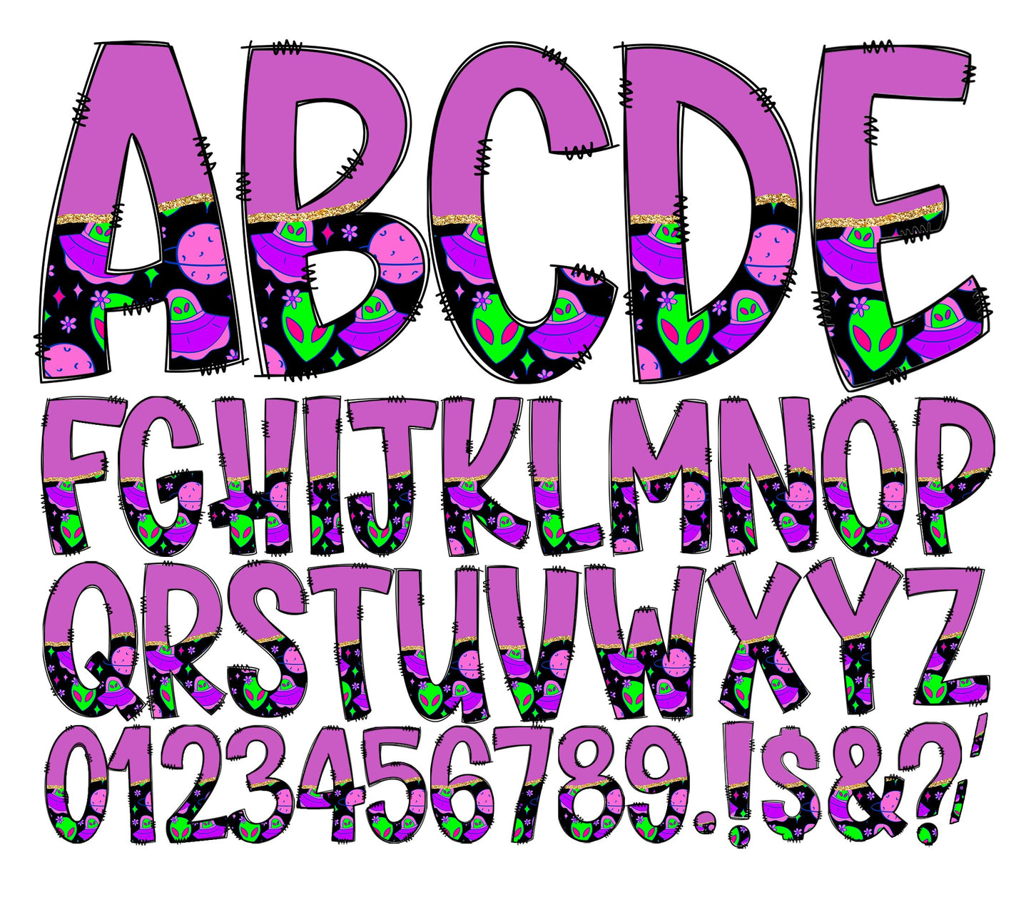 Purple Alien Tumbler Wrap with Matching Doodle Letter Alphabet PNG, Bright Fluro Add your Own name 20oz Tumbler, Alpha Set PNG 38