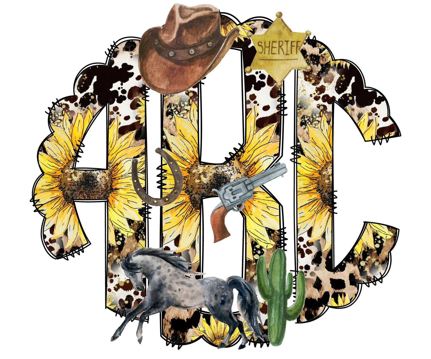 Country Horse Monogram Letters, Cowboy Sublimation PNG Elements Hand Drawn Doodle Alpha Bundle, Sunflower Cow Leooard Sublimation Font PNG