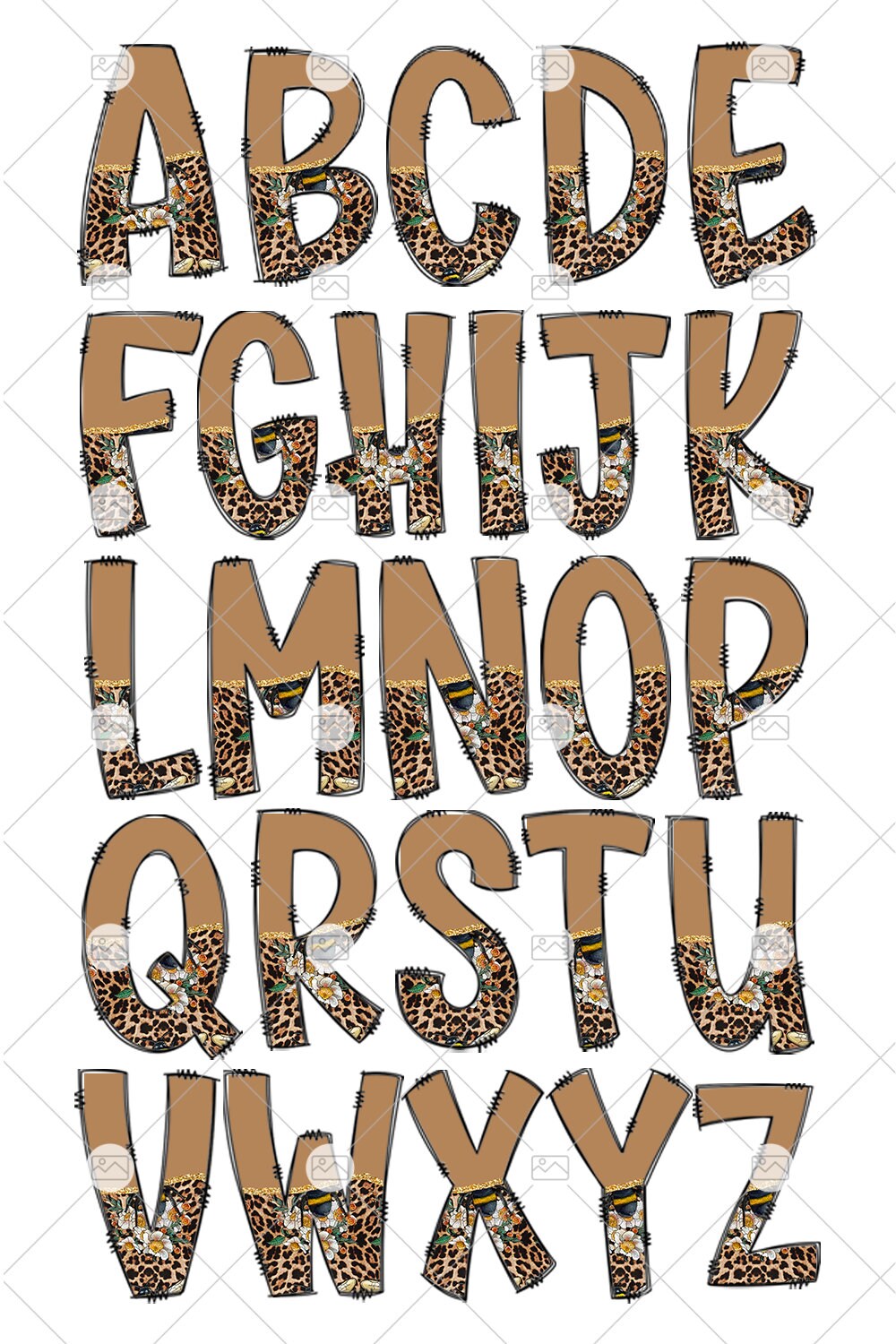 Bee Leopard Tumbler Wrap with Matching Doodle Letter Alphabet PNG, Country Add your Own name 20oz Tumbler, Alpha Set PNG 11