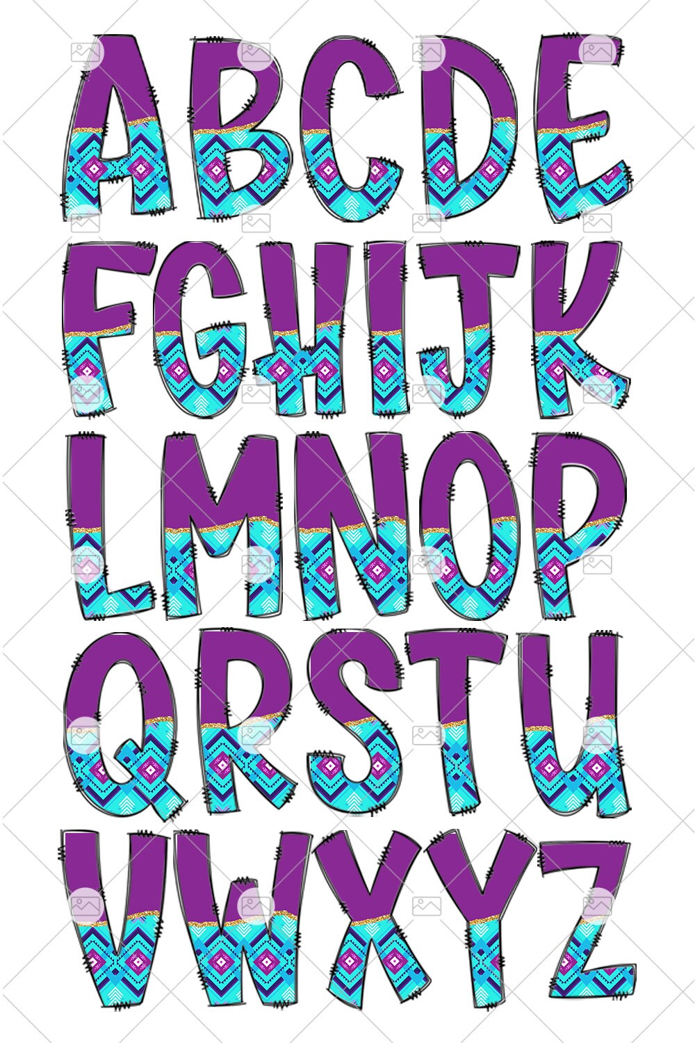 Turquoise Aztec Tumbler Wrap with Matching Doodle Letter Alphabet PNG, Aesthetic Add your Own name 20oz Tumbler, Purple Alpha Set PNG 108