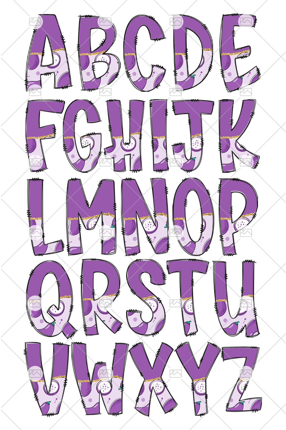 Purple Eggplant Tumbler Wrap with Matching Doodle Letter Alphabet PNG, Aesthetic Add your Own name 20oz Tumbler, Alpha Set PNG 189