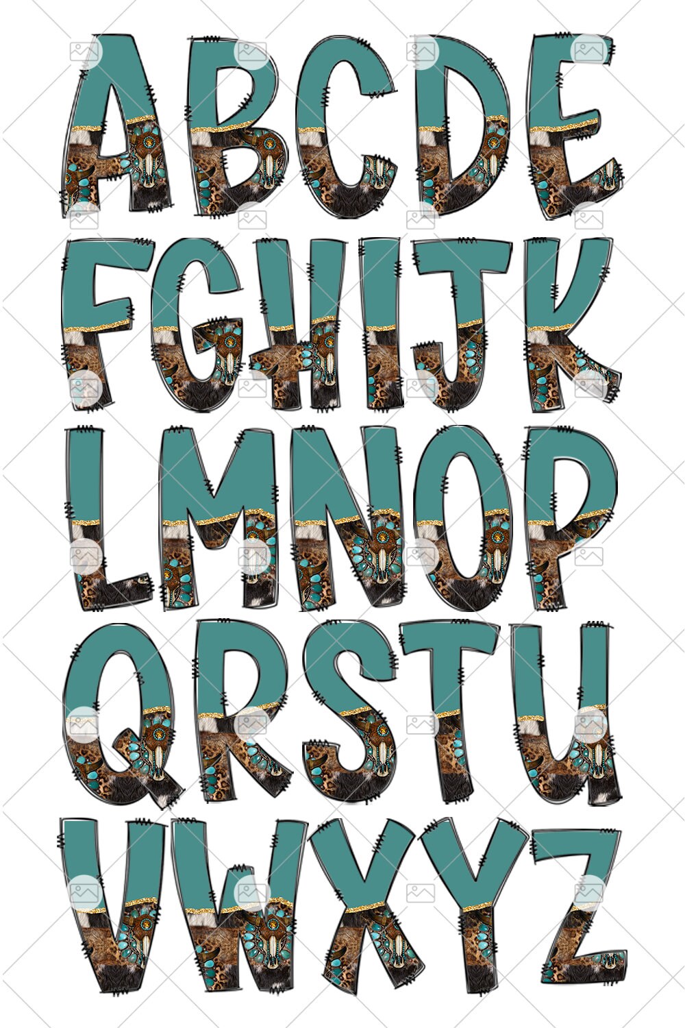 Country Gem Tumbler Wrap with Matching Doodle Letter Alphabet PNG, Teal Cow Add your Own name 20oz Tumbler, Alpha Set PNG 10