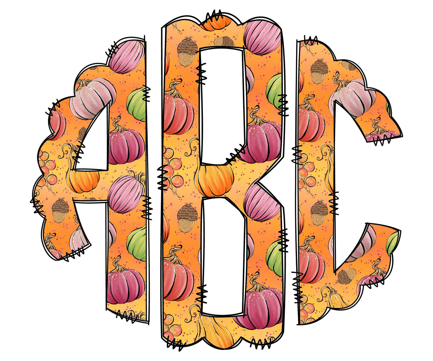 Pumpkin Fall Monogram Letters, Boho Sublimation PNG Elements Hand Drawn Doodle Alpha Bundle, Spring Leaf orange Sublimation Font PNG Floral