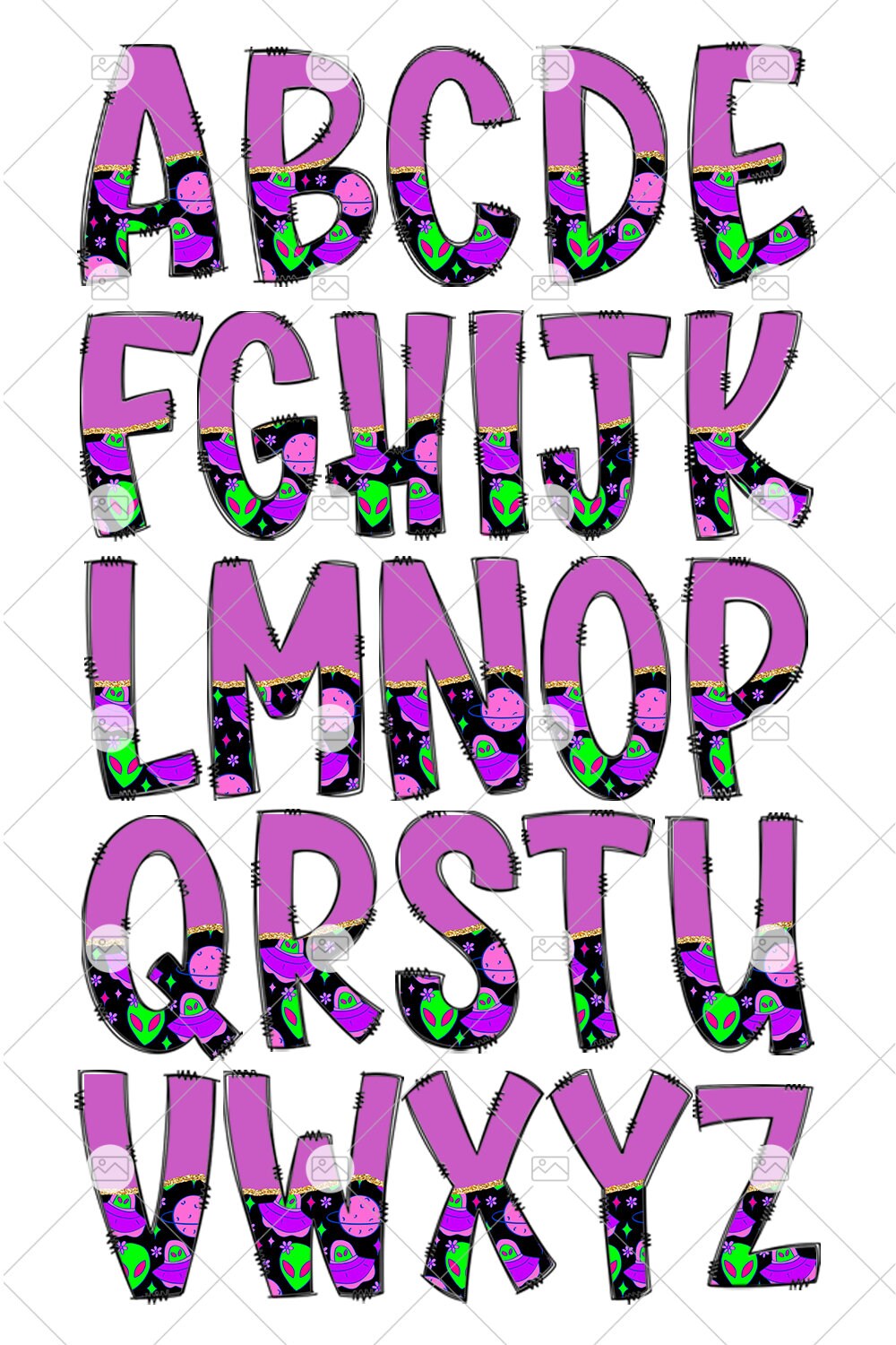 Purple Alien Tumbler Wrap with Matching Doodle Letter Alphabet PNG, Bright Fluro Add your Own name 20oz Tumbler, Alpha Set PNG 38