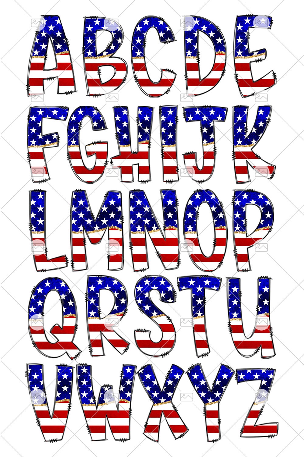 USA Flag Tumbler Wrap with Matching Doodle Letter Alphabet PNG, American Patriot Add your Own name 20oz Tumbler, Alpha Set PNG 105