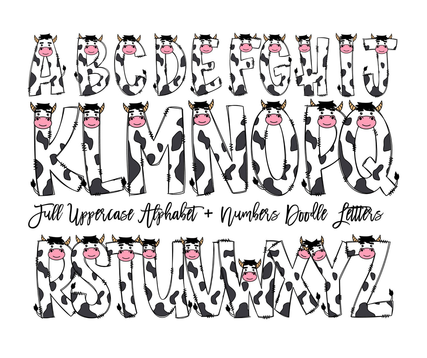 Farm Animal Doodle Letters, Horse Alphabet, Cow Alphabet PNG, Entire Doodle Alphabet Uppercase Lowercase Numbers PNG