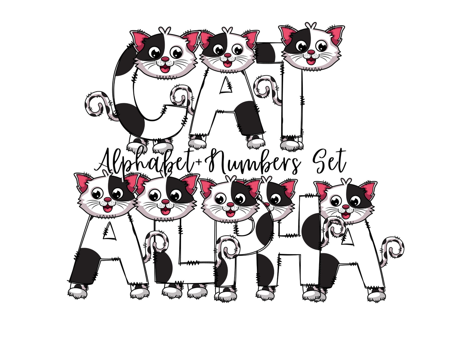 Black White Cat Doodle Letters, Kitten Alphabet, Cat Alphabet PNG, Entire Doodle Alphabet Uppercase Lowercase Numbers PNG,