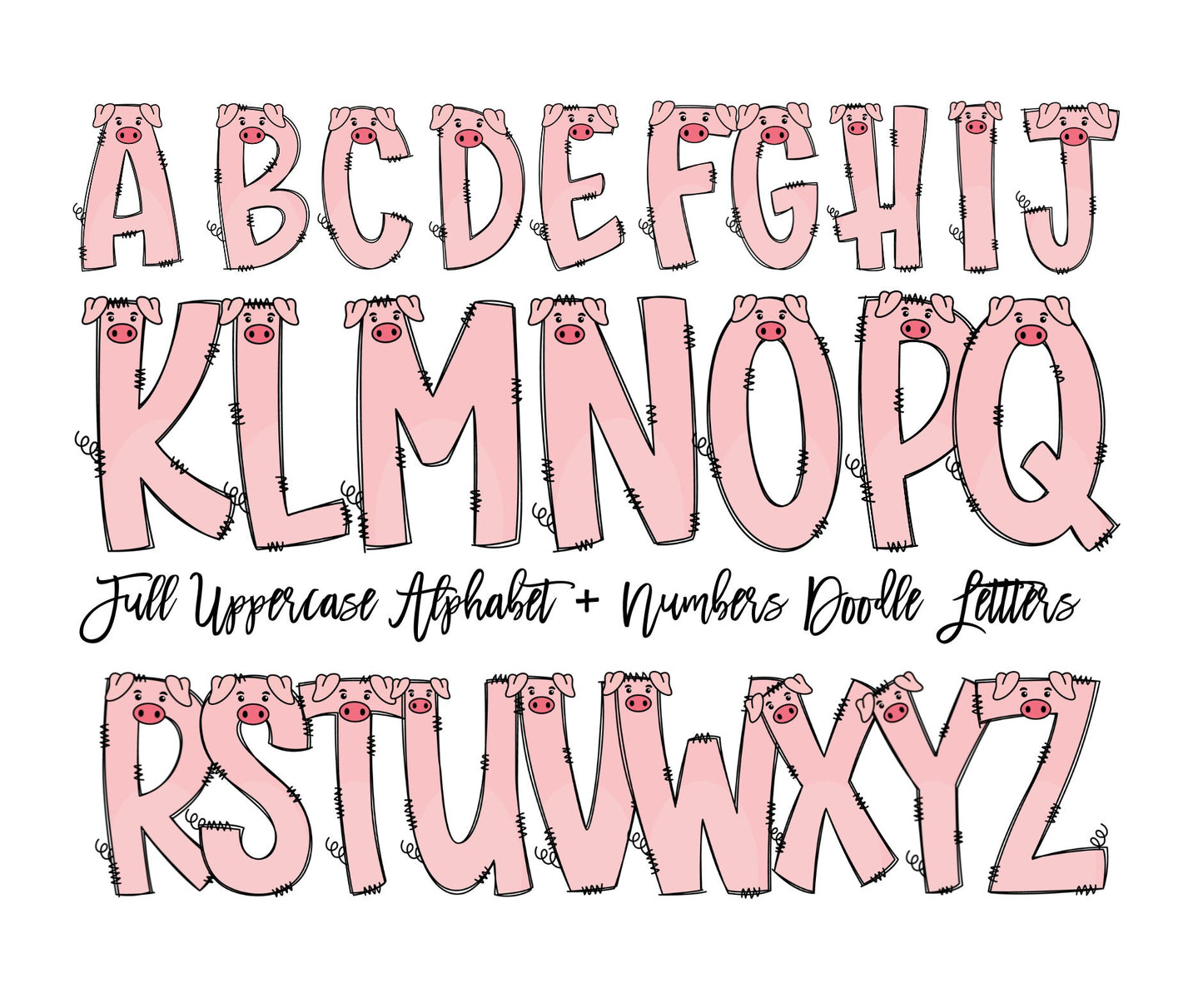 Farm Animal Doodle Letters, Horse Alphabet, Cow Alphabet PNG, Entire Doodle Alphabet Uppercase Lowercase Numbers PNG