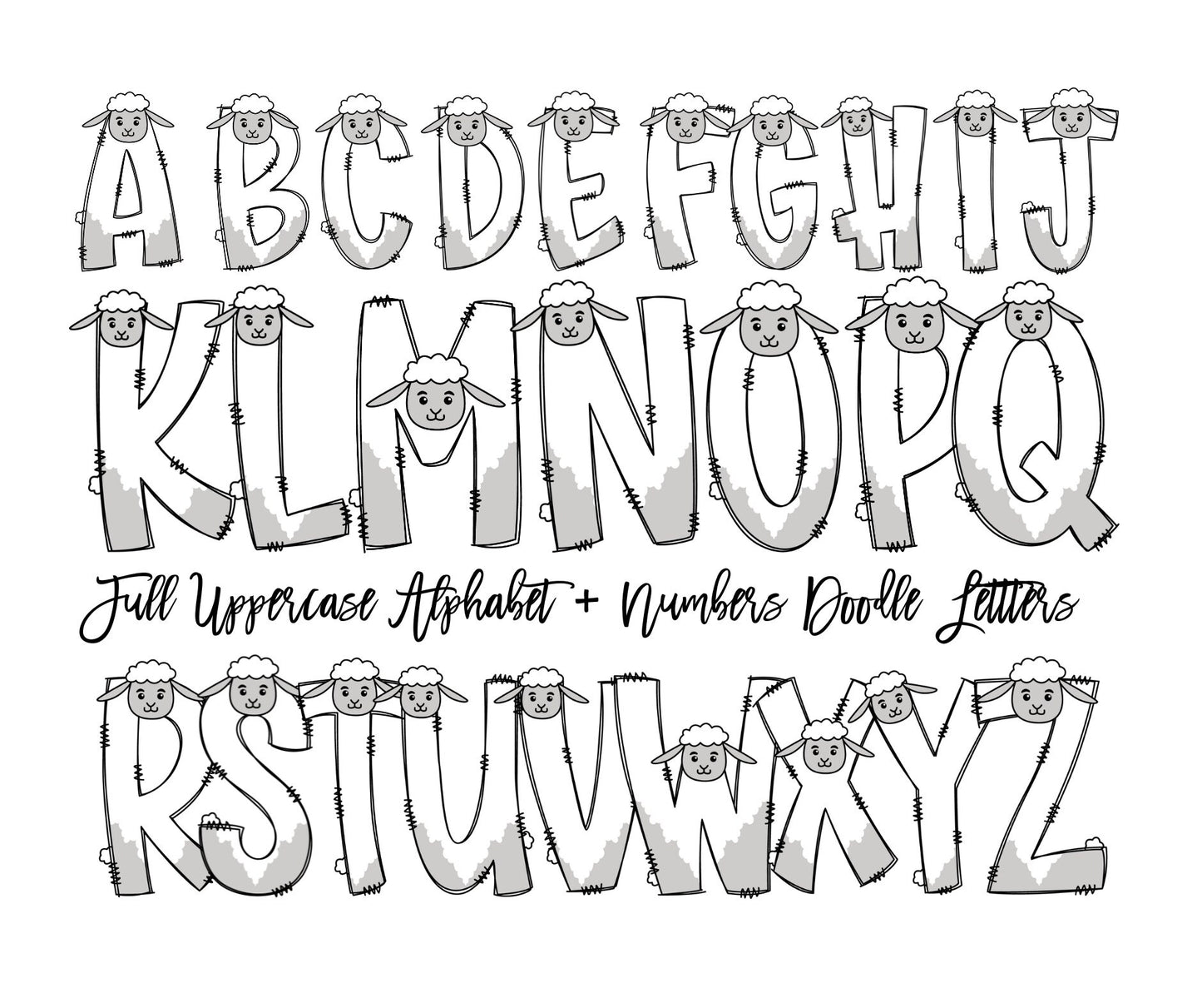 Farm Animal Doodle Letters, Horse Alphabet, Cow Alphabet PNG, Entire Doodle Alphabet Uppercase Lowercase Numbers PNG