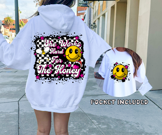 She works hardfor the honey T-shirt Png Design, Retro Hippy Sublimation, Checker Smile Digital Download File, Commercial Use Matching Pocket Front Back