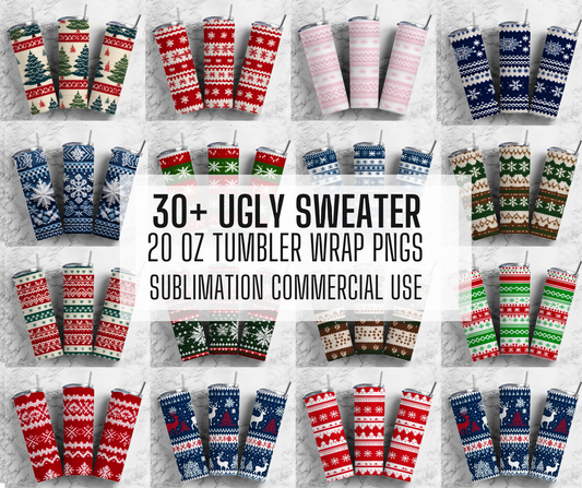 30x Ugly Sweater Tumbler Wrap PNG Bundle , Winter Holiday Straight Tumbler, 20oz Straight Tumbler, 3d Tumbler Wrap, Faux Fabric  png