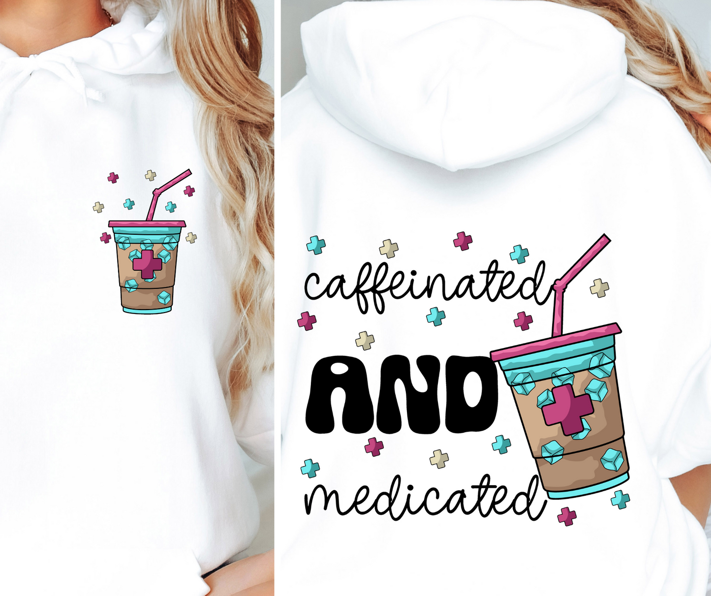 Caffeinated and medicated T-shirt Png Design, Retro Hippy Sublimation, Sassy Smile 90s Digital Download PNG File, Pocket design