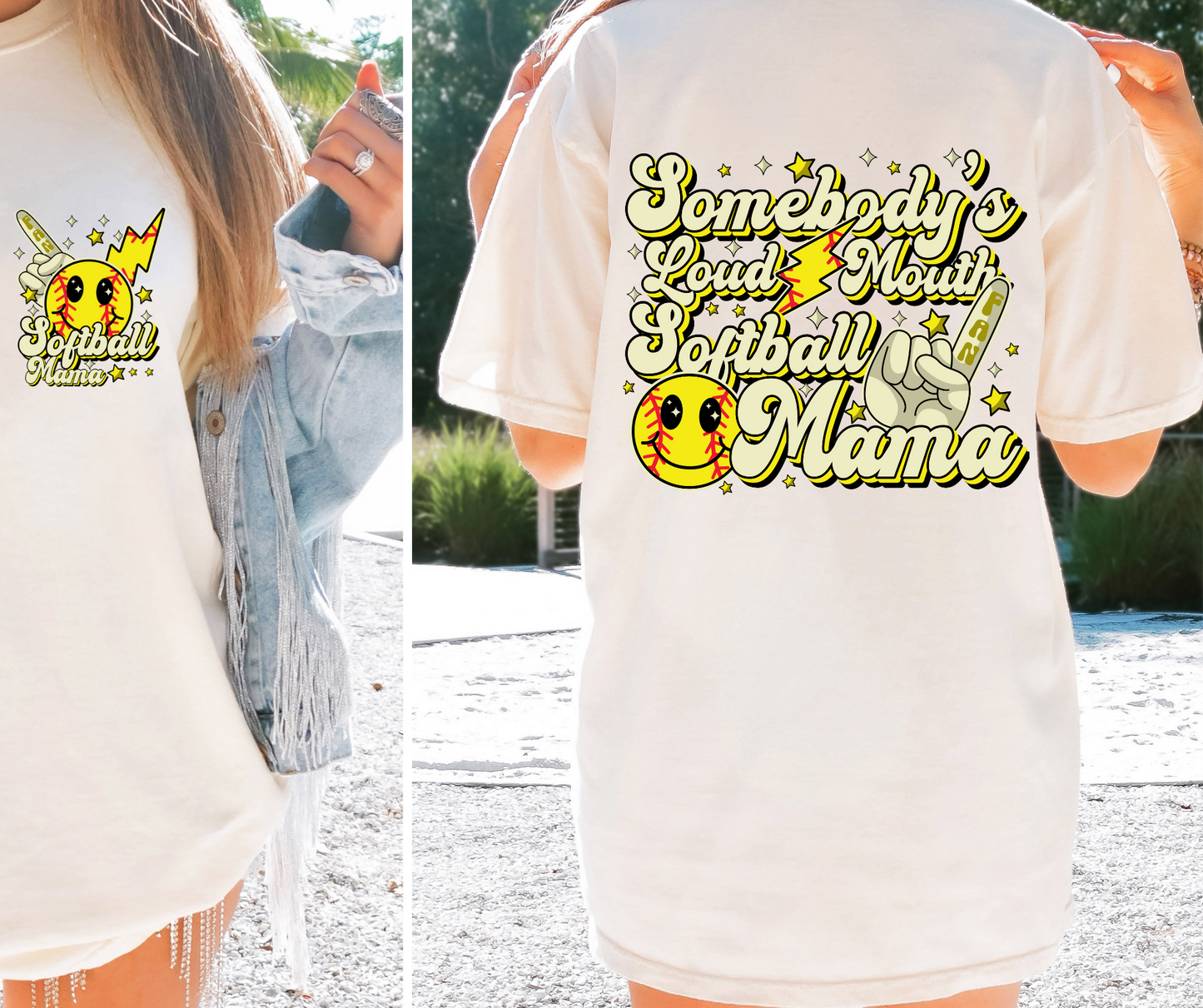 Somebody's Loudmouth Softball Mama T-shirt Png Design, Retro Hippy Sublimation, Sassy Smile 90s Digital Download PNG File, Pocket design