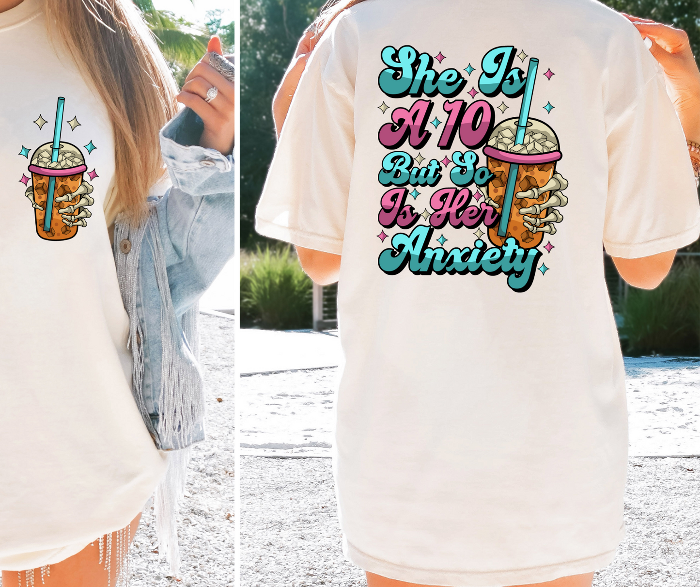 She is a 10 ten but so is her anxiety T-shirt Png Design, Retro Hippy Sublimation, Smile 90s Digital Download PNG File, Pocket design