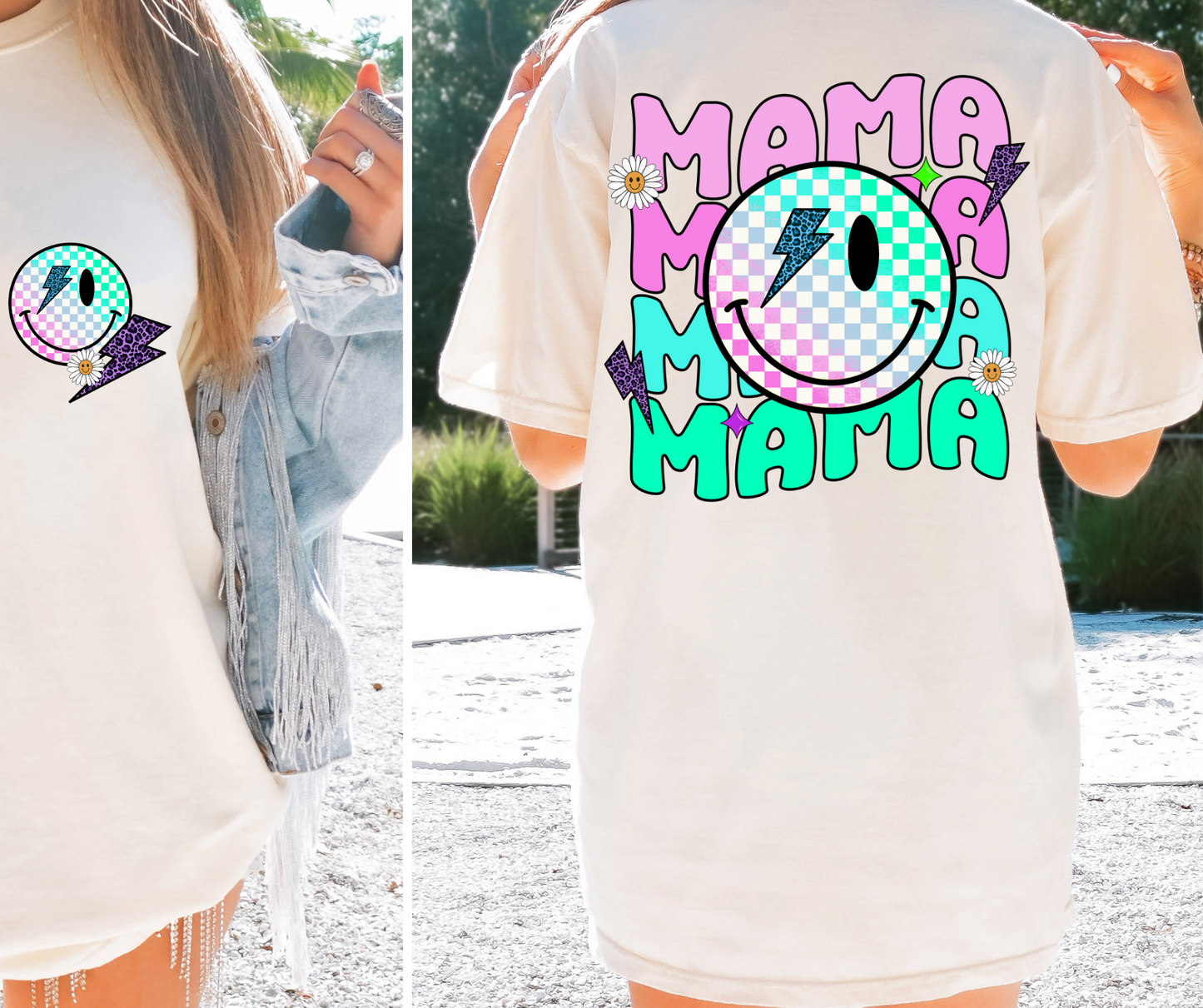 Fluro Neon Mama T-shirt Png Design, Retro Hippy Sublimation, Smile 90s Digital Download PNG File, Commercial Use Matching Pocket Front Back