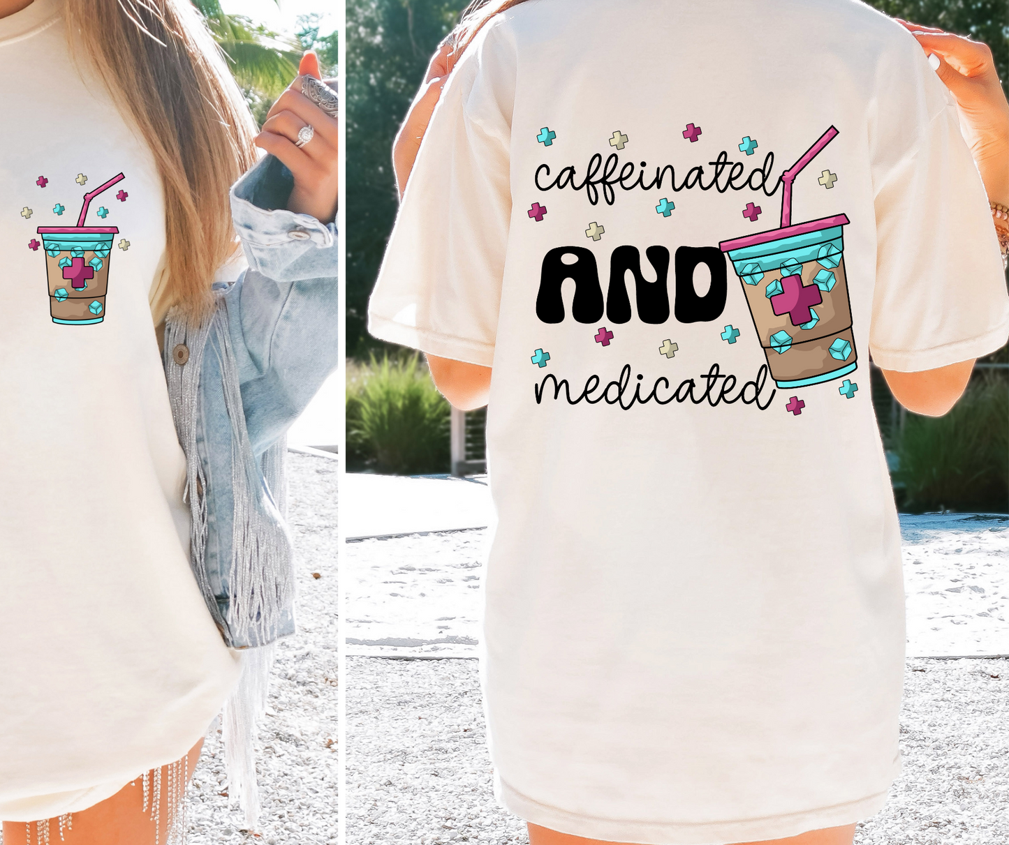 Caffeinated and medicated T-shirt Png Design, Retro Hippy Sublimation, Sassy Smile 90s Digital Download PNG File, Pocket design