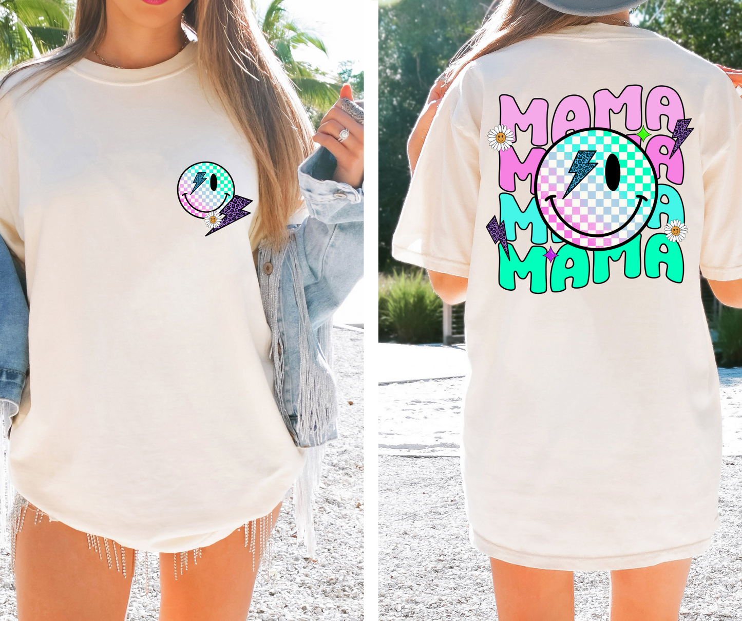 Fluro Neon Mama T-shirt Png Design, Retro Hippy Sublimation, Smile 90s Digital Download PNG File, Commercial Use Matching Pocket Front Back