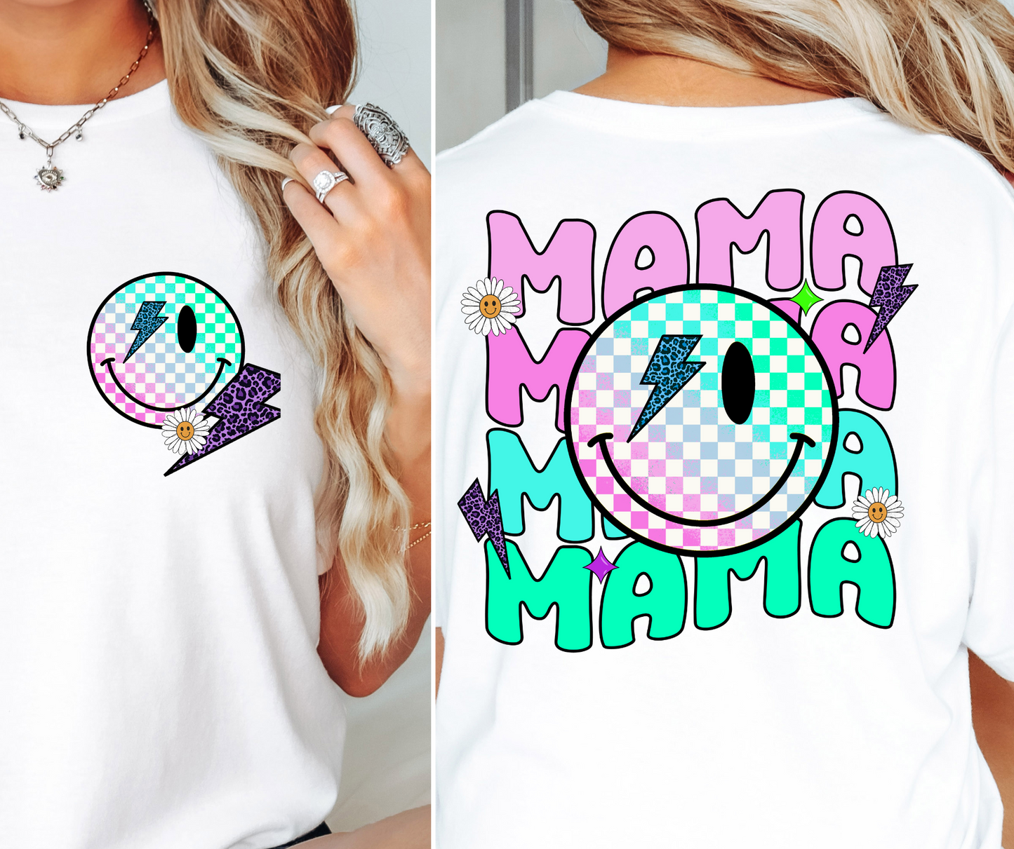 Fluro Neon Mama T-shirt Png Design, Retro Hippy Sublimation, Smile 90s Digital Download PNG File, Commercial Use Matching Pocket Front Back