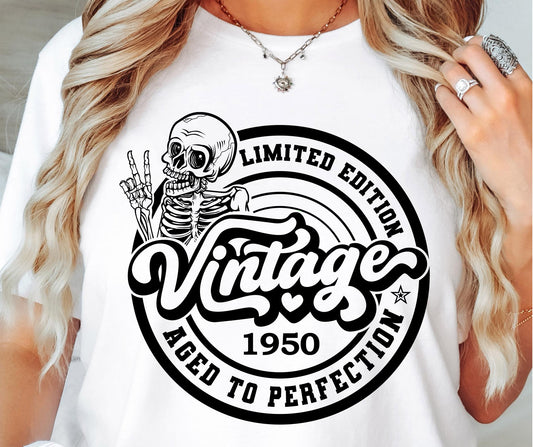 AGED TO PERFECTION WITH SKULL 1950 SVG and PNG Vintage, Retro Skeleton T-shirt Design, Age + Birth Year, Svg Files For Cricut, Silhouette, Digital Download (1)