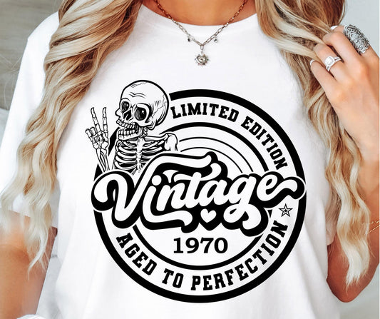 AGED TO PERFECTION WITH SKULL 1970 SVG and PNG Vintage, Retro Skeleton T-shirt Design, Age + Birth Year, Svg Files For Cricut, Silhouette, Digital Download (1)