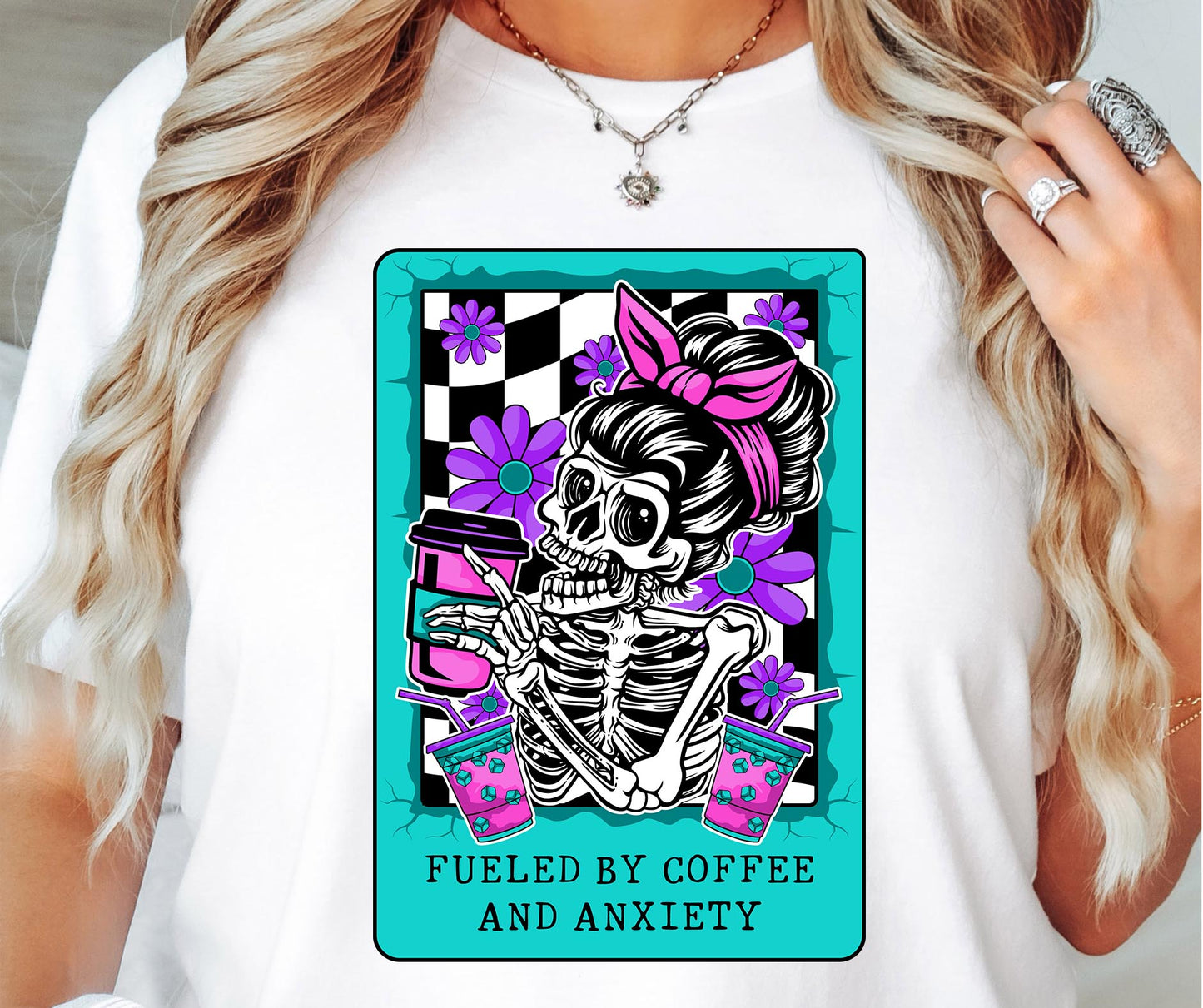 Fueled by Coffee and Anxiety Card T-shirt Png Design, Retro Hippy Sublimation, Skeleton Digital Download PNG File, Commercial Use (1)