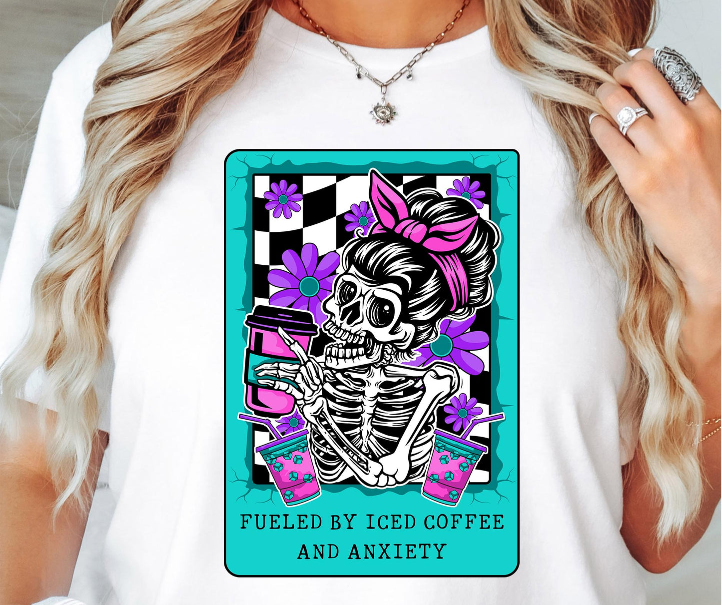 Fueled by iced coffee and Anxiety Card T-shirt Png Design, Retro Hippy Sublimation, Skeleton Digital Download PNG File, Commercial Use (1)