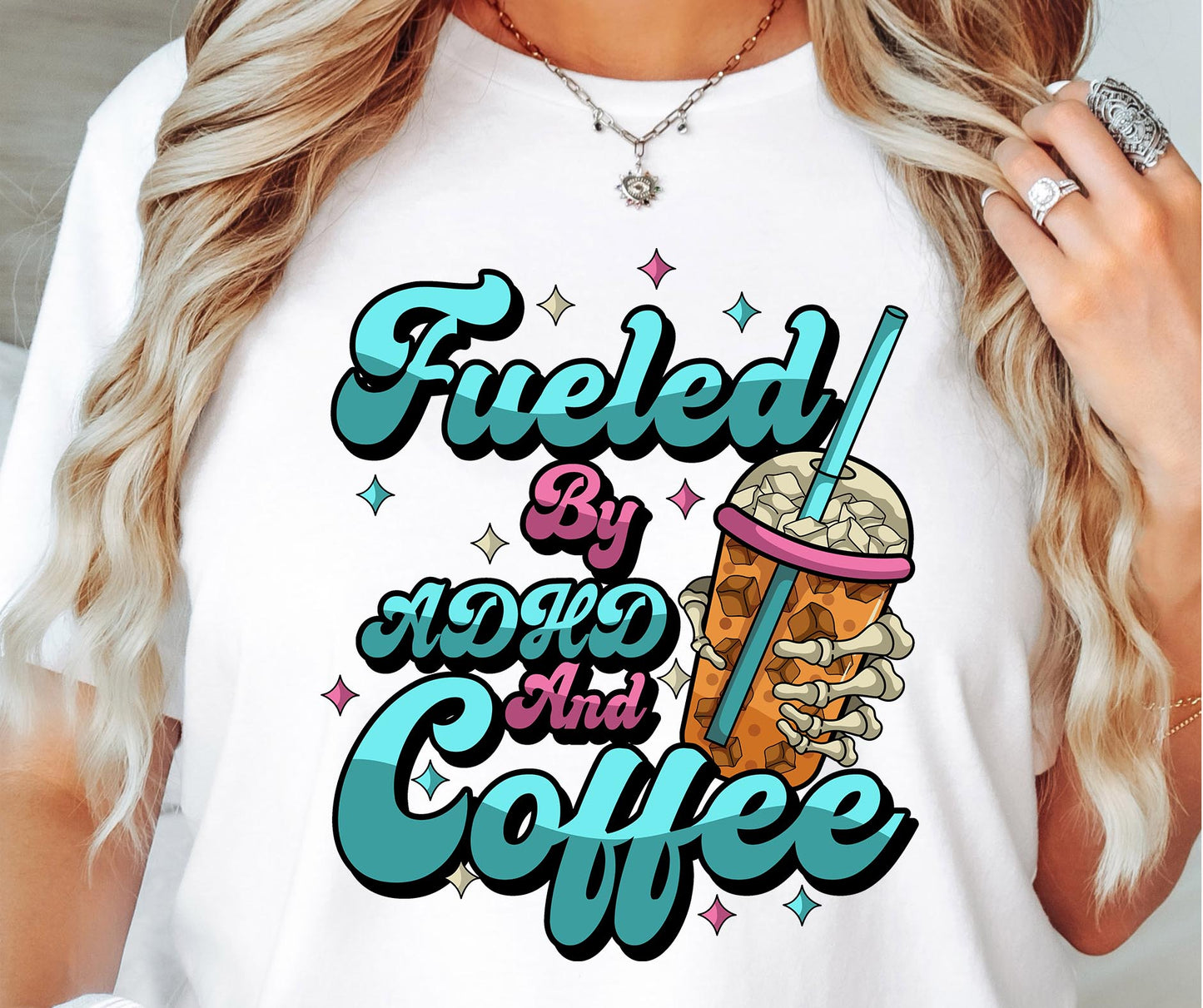 Fueled by ADHAD and Iced COffee T-shirt Png Design, Retro Hippy Sublimation, Funny Mental health Digital Download PNG File, Commercial Use