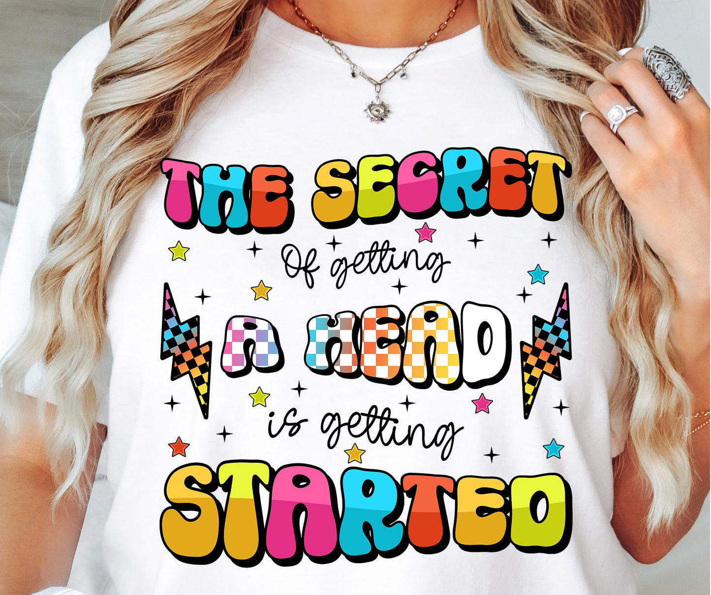 The secret of getting ahead is getting started T-shirt Png Design, Retro Hippy Sublimation,  Inspirational Digital Download PNG File, Commercial Use