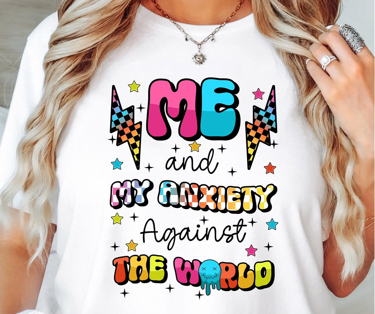 Me and my anxiety against the world T-shirt Png Design, Retro Hippy Sublimation, Inspirational  Digital Download PNG File, Commercial Use (1)