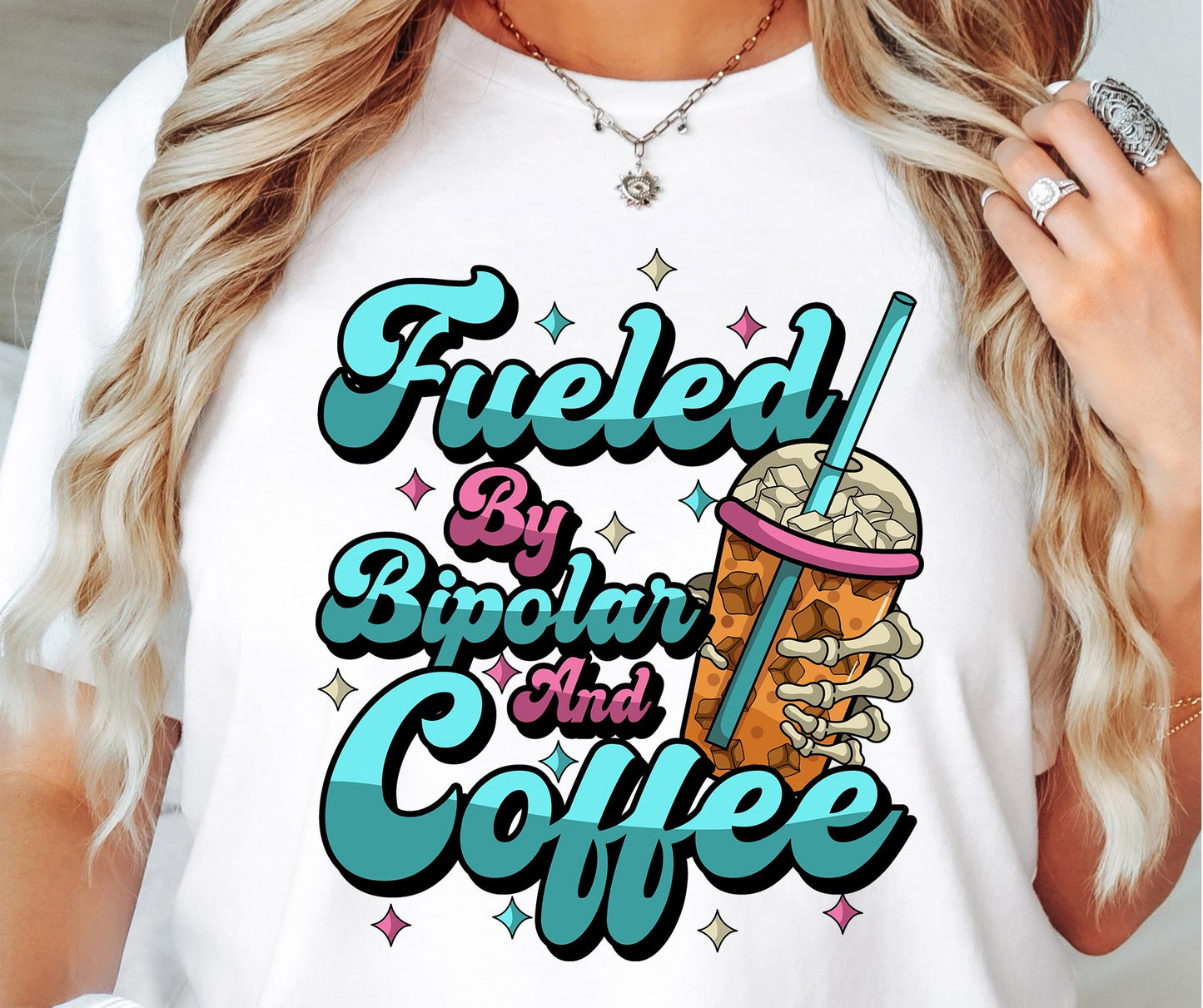 Fueled by Bipolard and COffee T-shirt Png Design, Retro Skeleton Sublimation, Funny Mental health Digital Download PNG File, Commercial Use