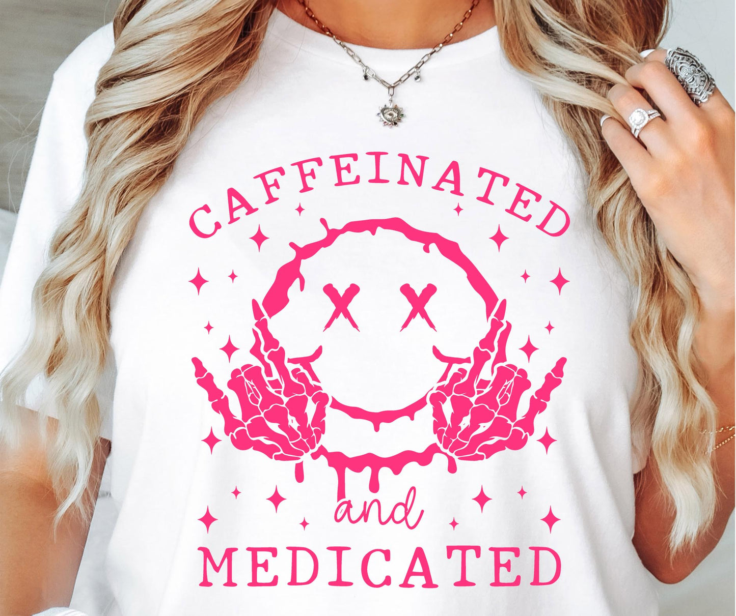 Cafeinated and Medicated T-shirt Png Design, Retro Smile Skeleton Sublimation, Groovy Gothic Digital Download PNG File,