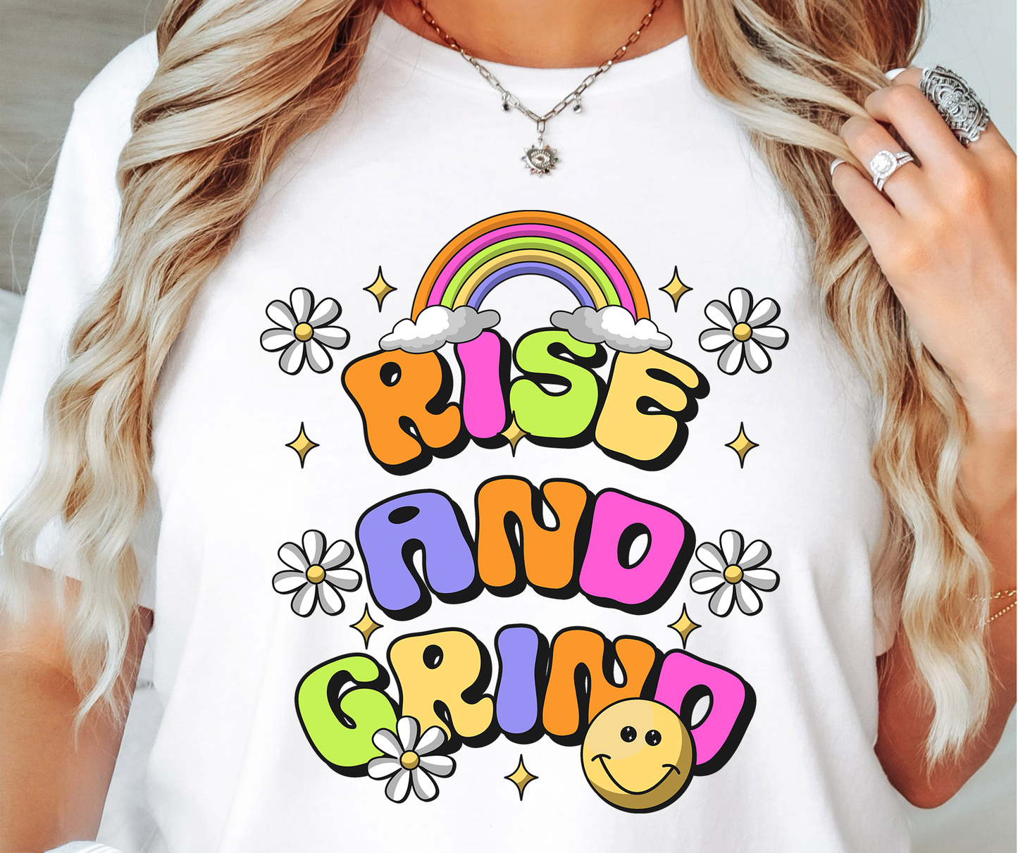 Rise and Grind Rainbow Emoji T-shirt PNG Design,  Sublimation Tee Motivational Digital Download PNG File, Commercial Use