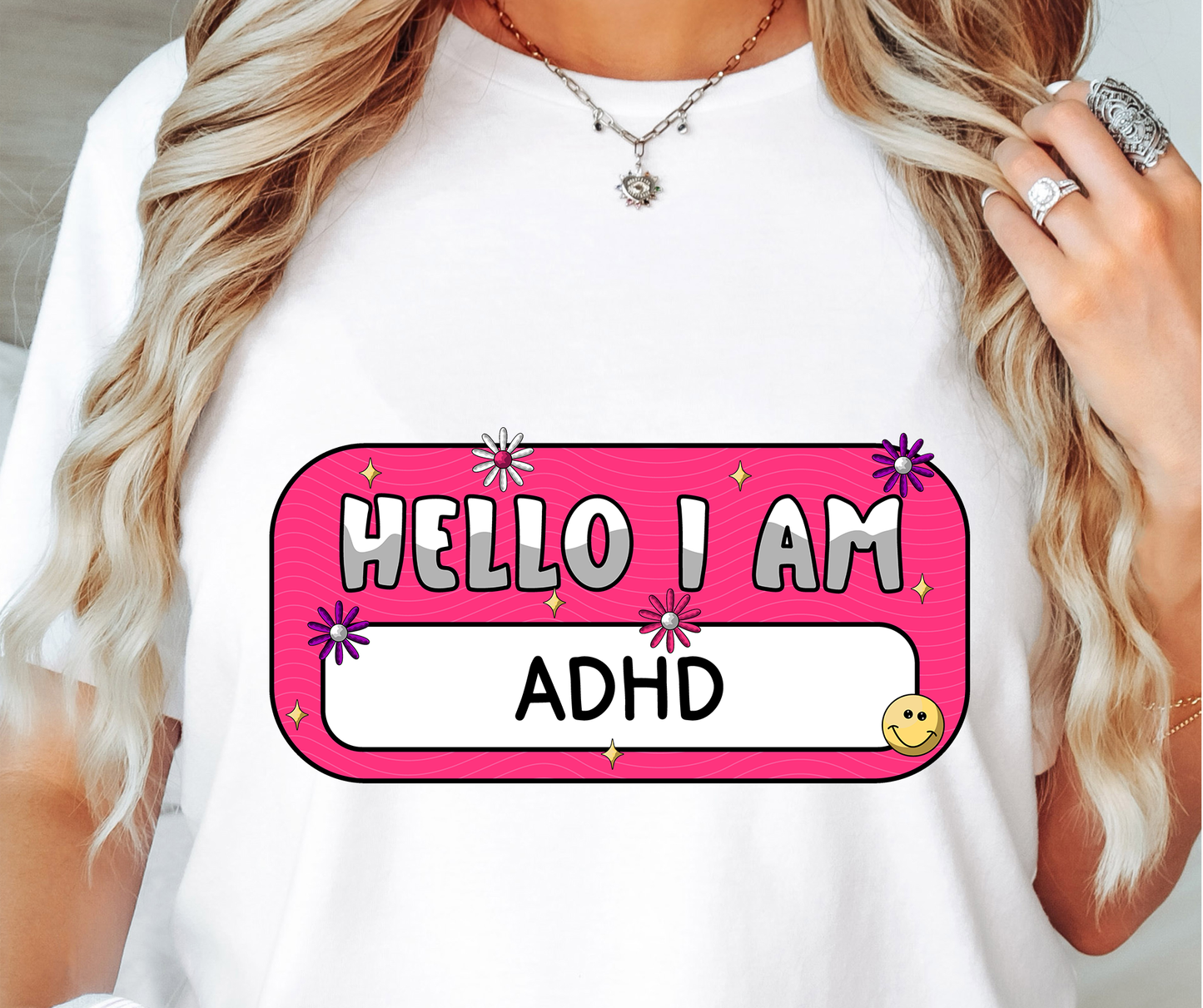 Hello I Am ADHD Name Tag T-shirt PNG Design,  Sublimation Tee Motivational Digital Download PNG File, Commercial Use