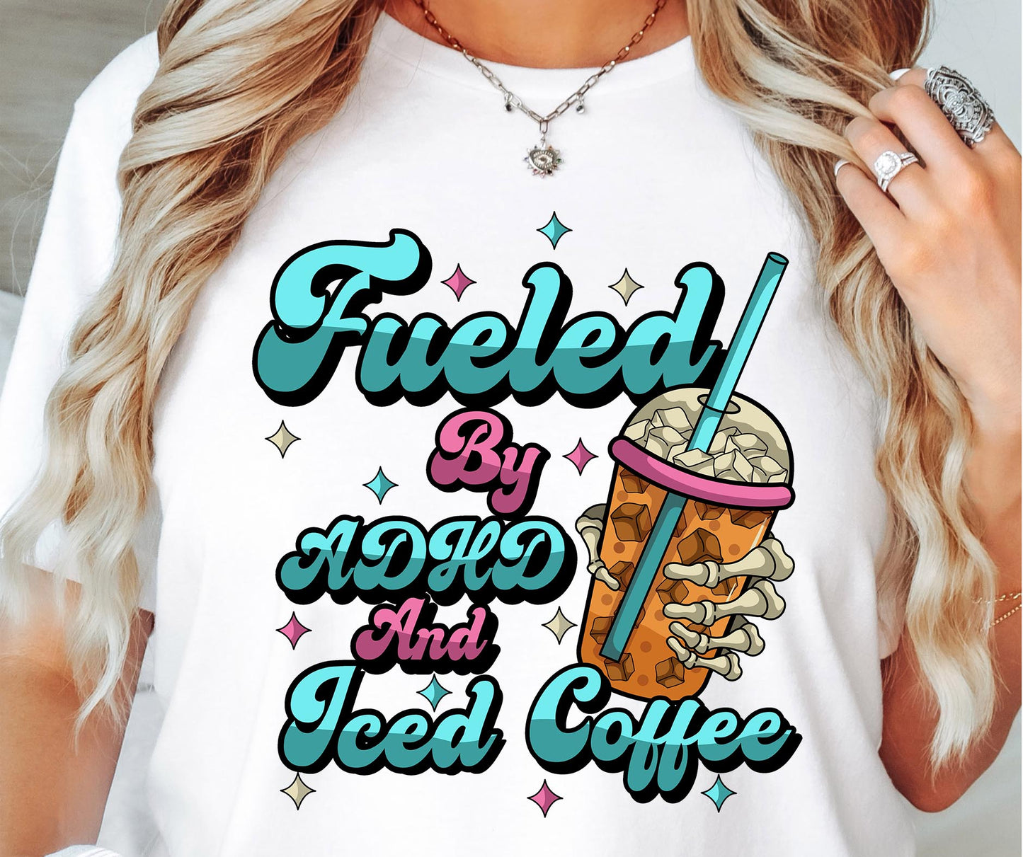 Fueled by ADHD and Iced Coffee T-shirt Funny  Quote Png, Retro Groovy, Skeleton Png