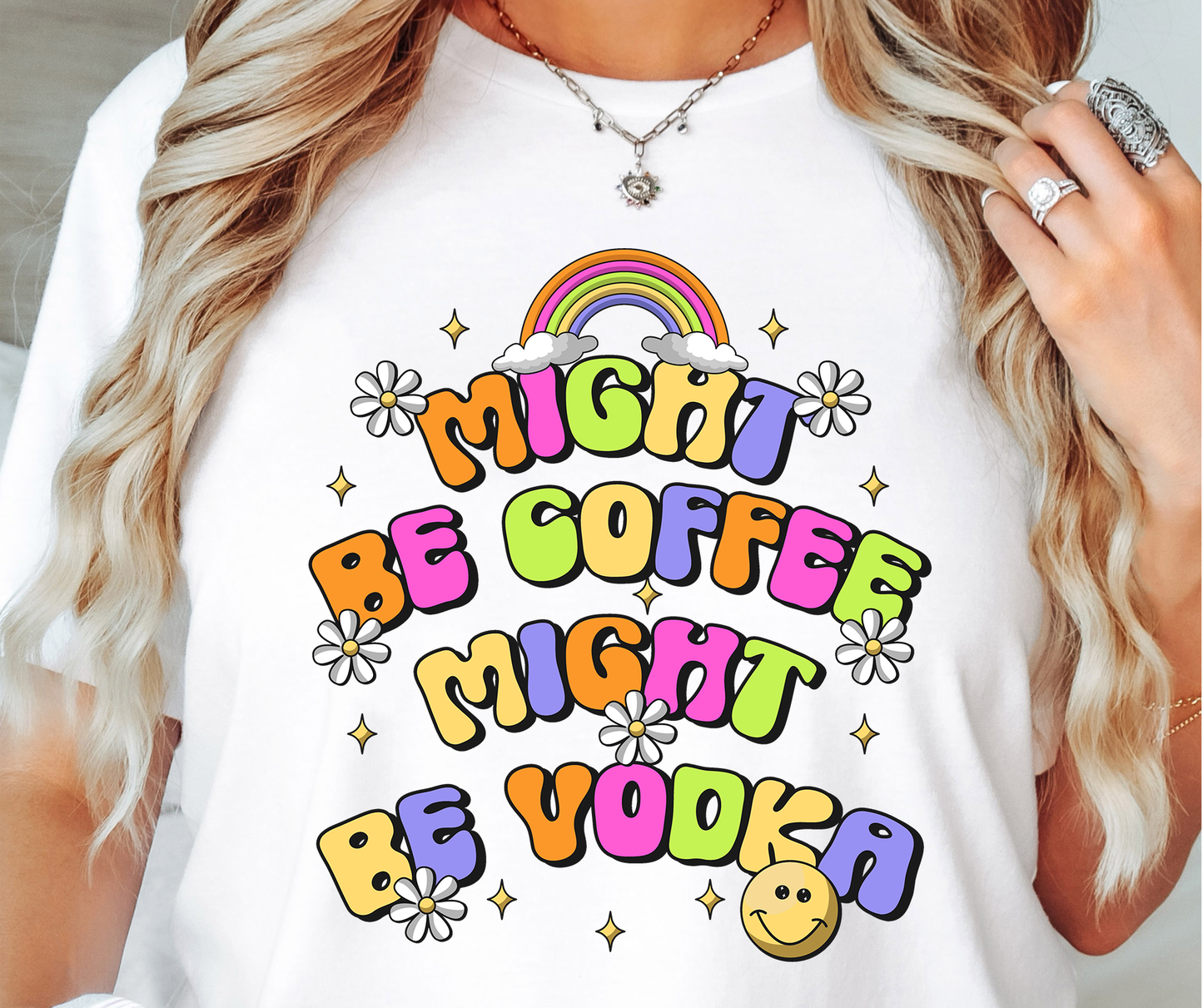 Might be Coffee Vodka Rainbow Emoji T-shirt PNG Design,  Sublimation Tee Motivational Digital Download PNG File, Commercial Use