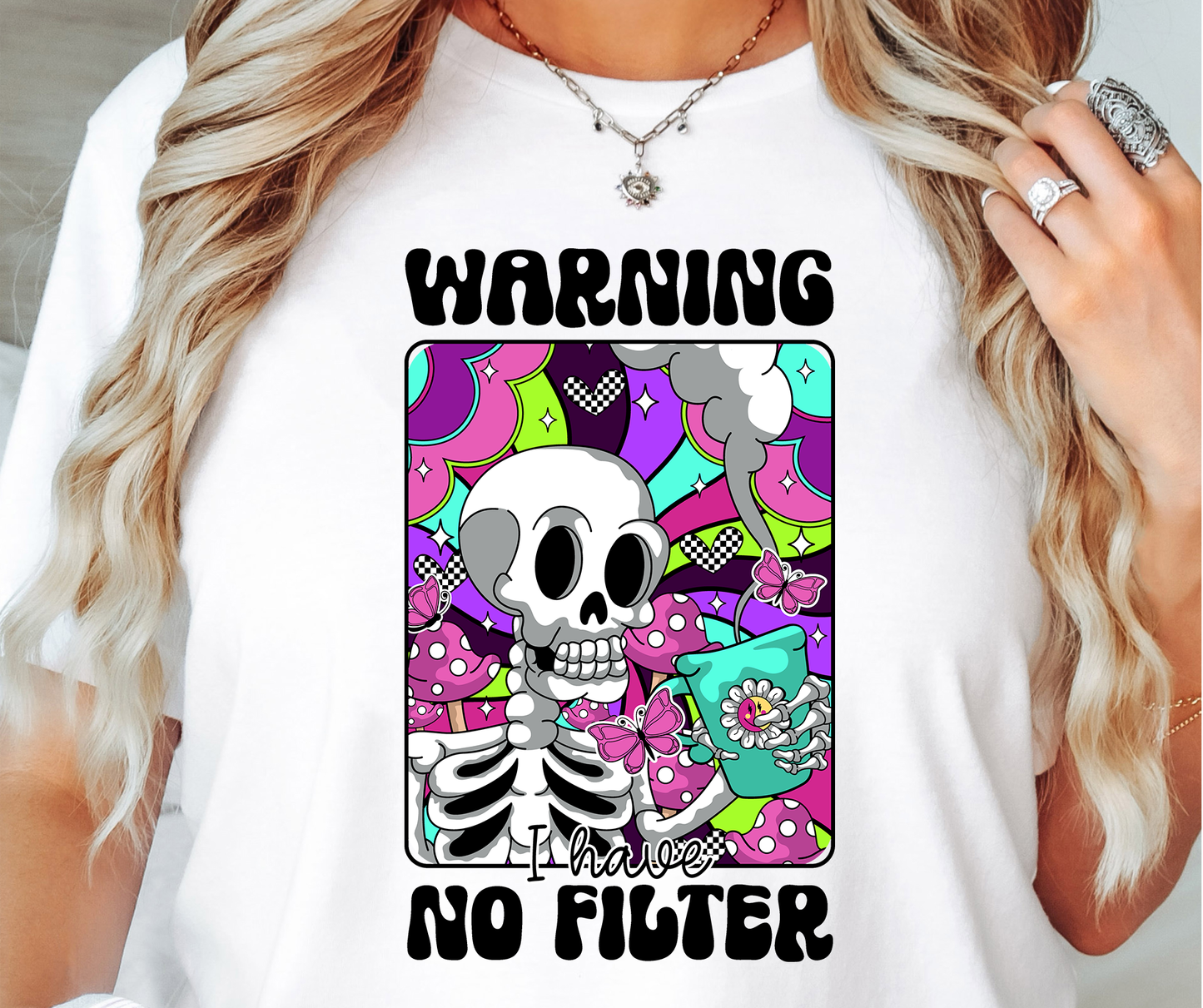 Warning No Filter Rainbow Skeleton T-shirt PNG Design,  Sublimation Tee Motivational Digital Download PNG File, Commercial Use