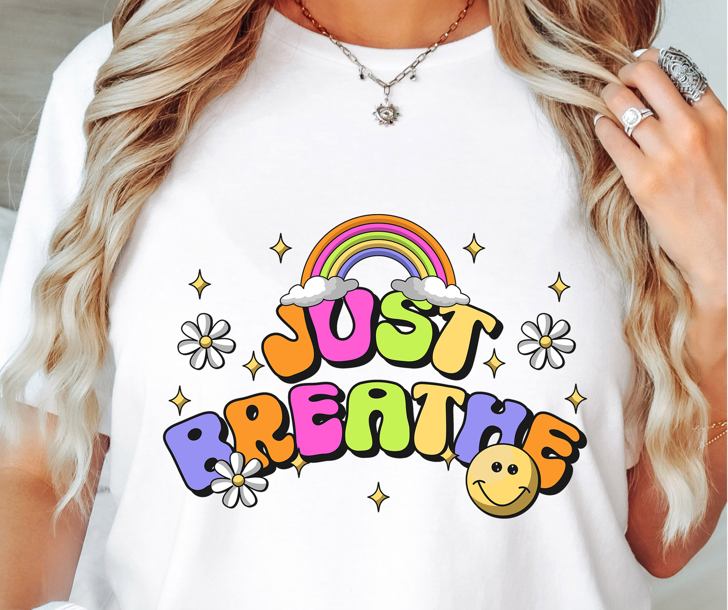 Just Breathe Rainbow T-shirt PNG Design,  Sublimation Tee Motivational Digital Download PNG File, Commercial Use