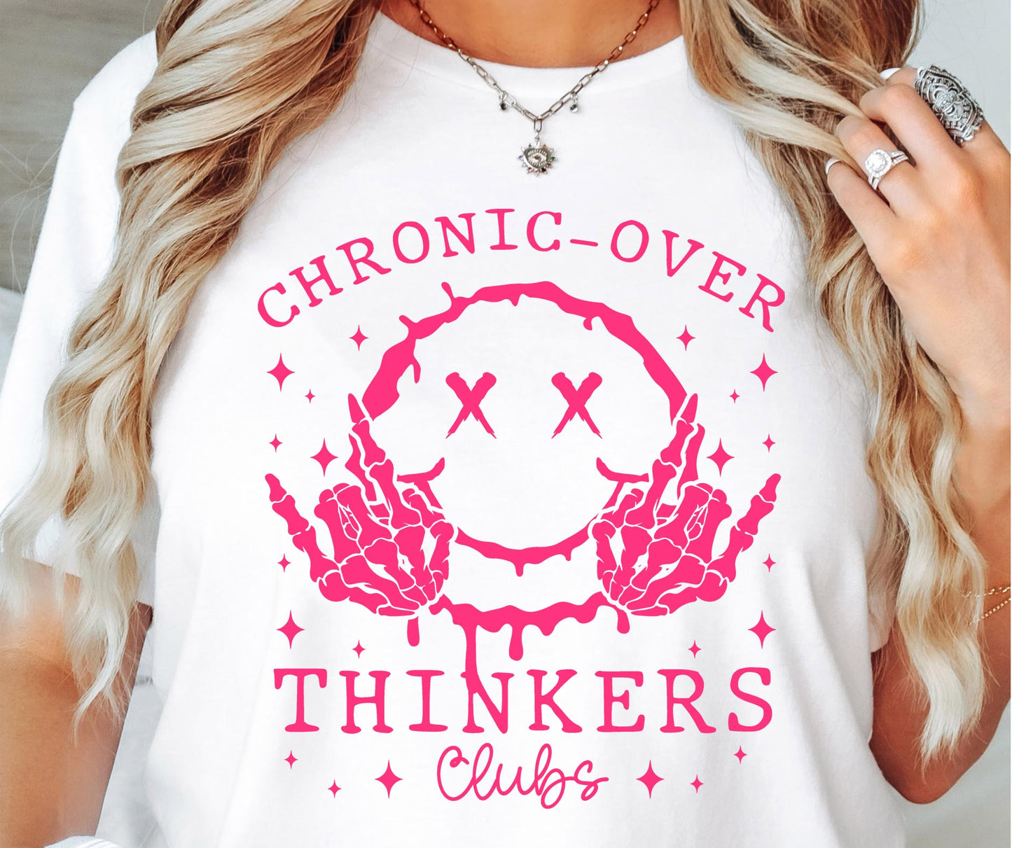 Chronic Overthinkers club T-shirt Png Design, Retro Smile Skeleton Sublimation, Groovy Gothic Digital Download PNG File,