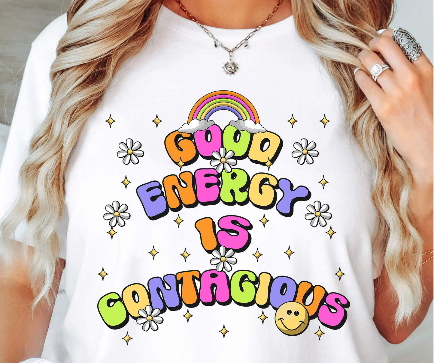 Good Energy Is Contagious Rainbow T-shirt PNG Design,  Sublimation Tee Motivational Digital Download PNG File, Commercial Use