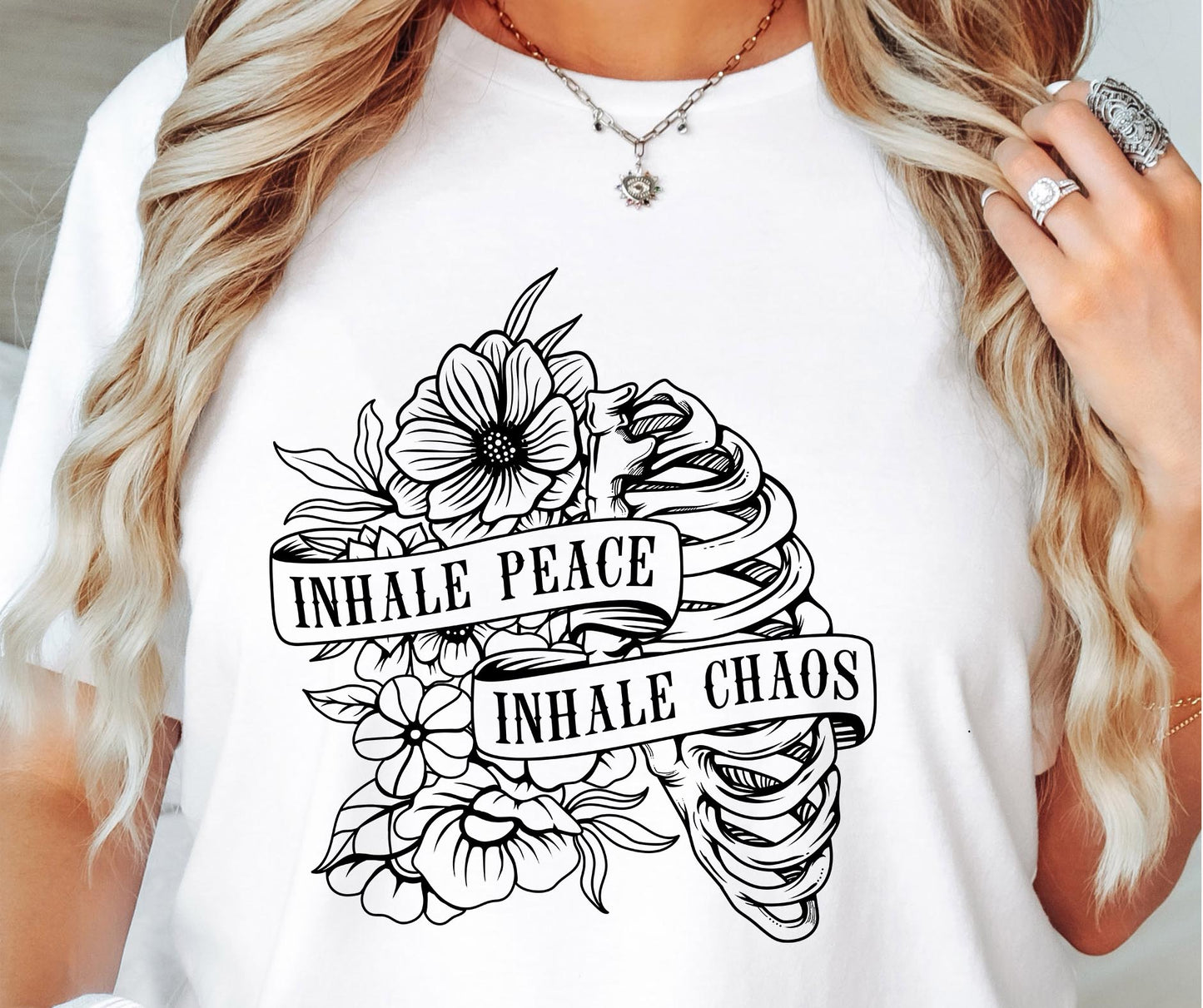 Inhale peace exhale chaos Boho T-shirt Png Design, Skeleton Floral Sublimation, Motivational Digital Download PNG File,