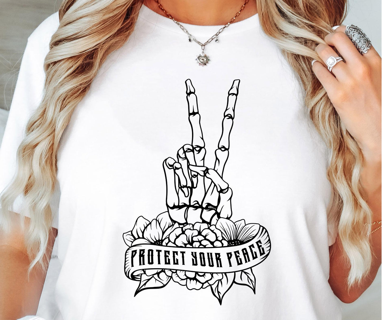 Protect your peace skellie peace sign  T-shirt Png Design, Skeleton Floral Sublimation, Motivational Digital Download PNG File,