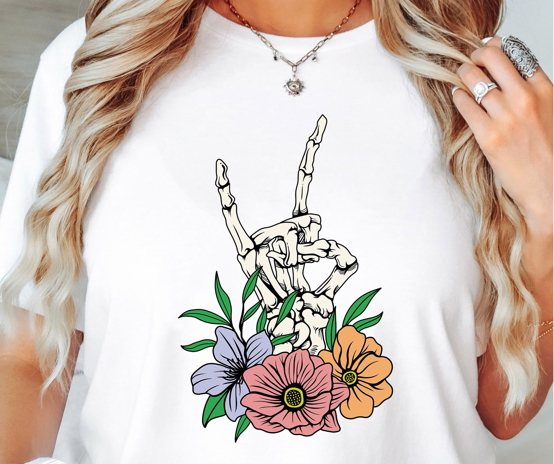 Sublimation PNG Sublimation PNG - Rock hand sign Skellie T-shirt Png Design, Skeleton Floral Sublimation, Motivational Digital Download PNG File,-Tumblerwrapdesigns