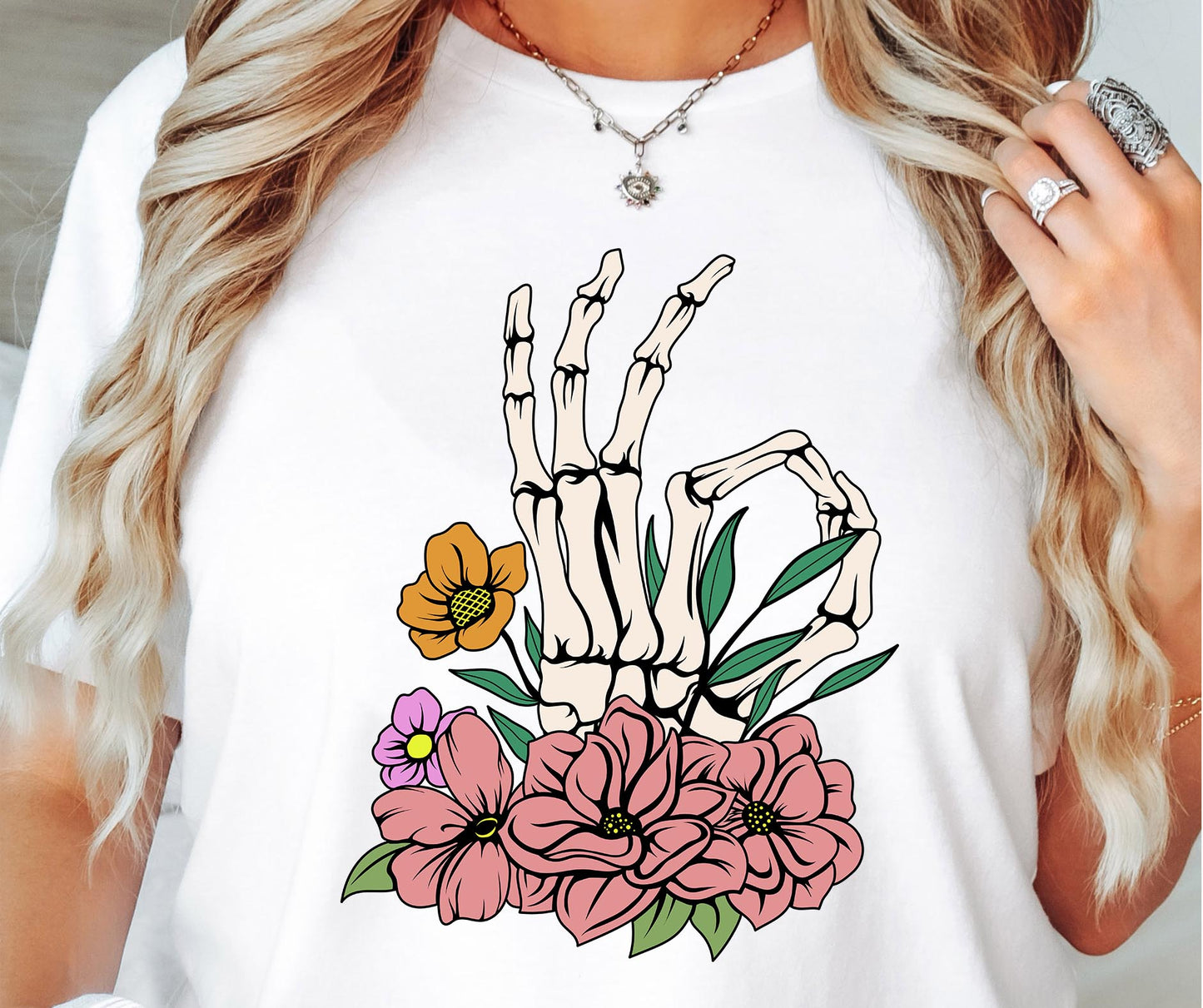 Sublimation PNG Sublimation PNG - Skellie Ok Hand Sign T-shirt Png Design, Skeleton Floral Sublimation, Motivational Digital Download PNG File,-Tumblerwrapdesigns