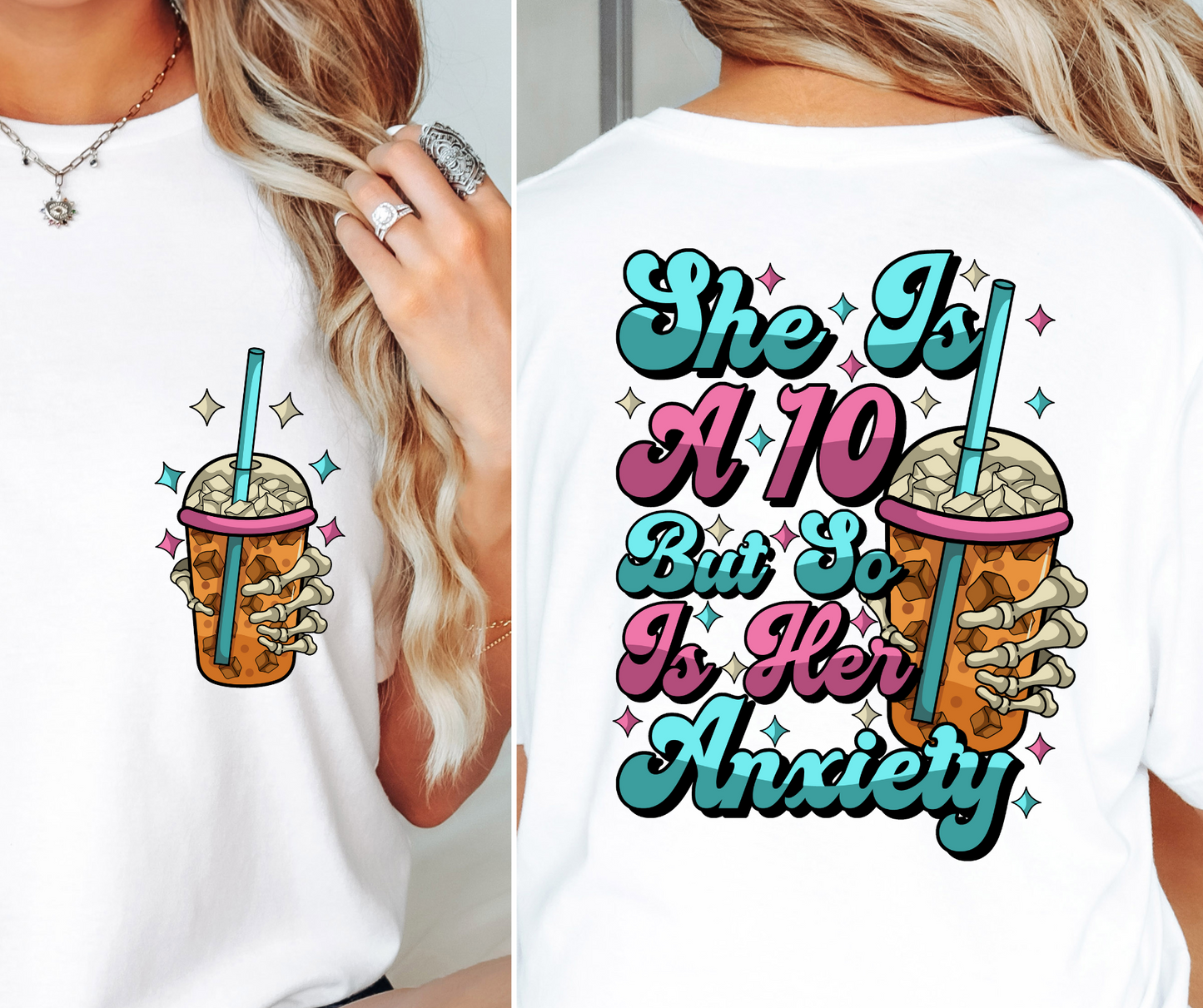 She is a 10 ten but so is her anxiety T-shirt Png Design, Retro Hippy Sublimation, Smile 90s Digital Download PNG File, Pocket design