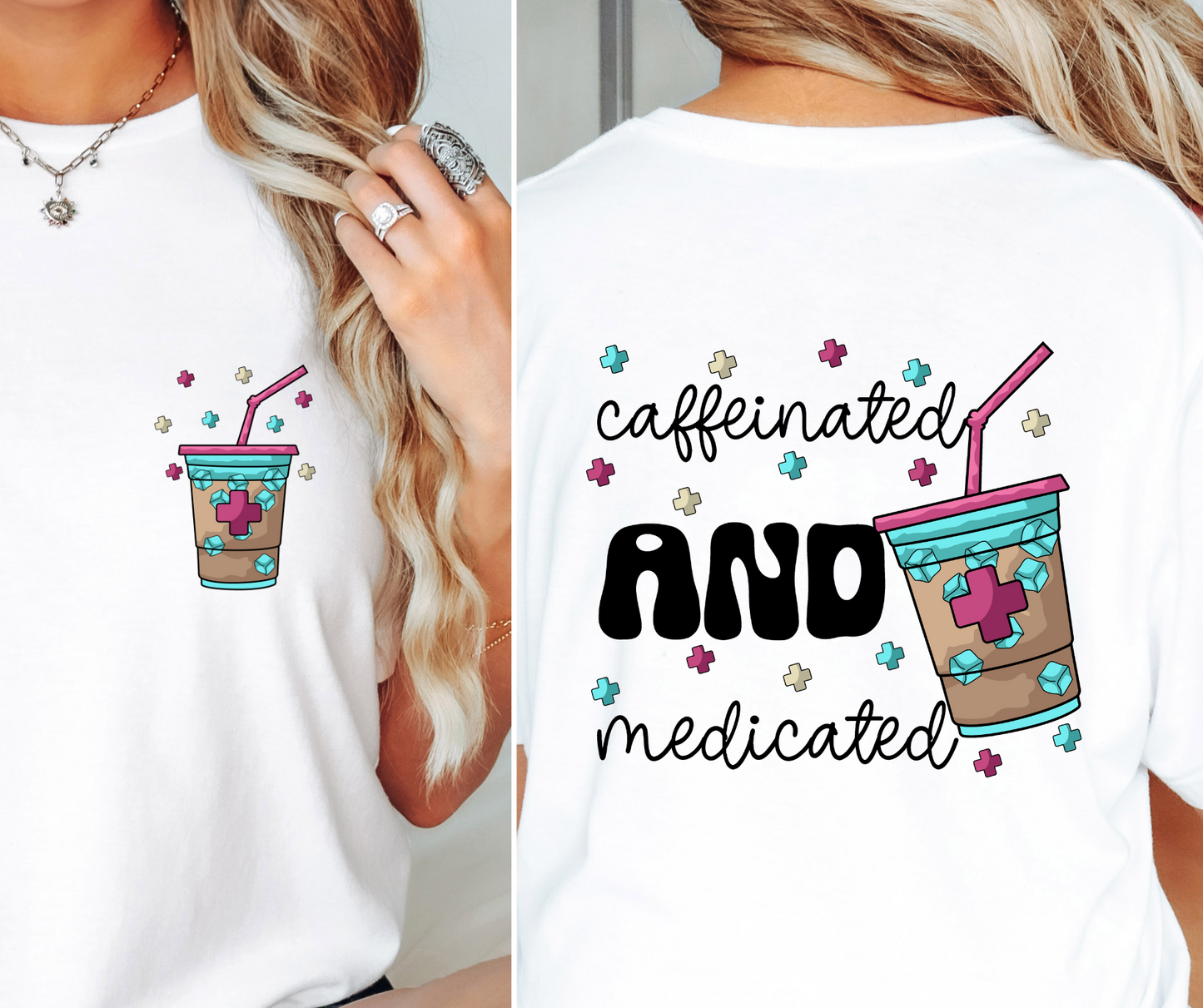 Caffeinated and medicated T-shirt Png Design, Retro Hippy Sublimation, Sassy Smile 90s Digital Download PNG File, Pocket design