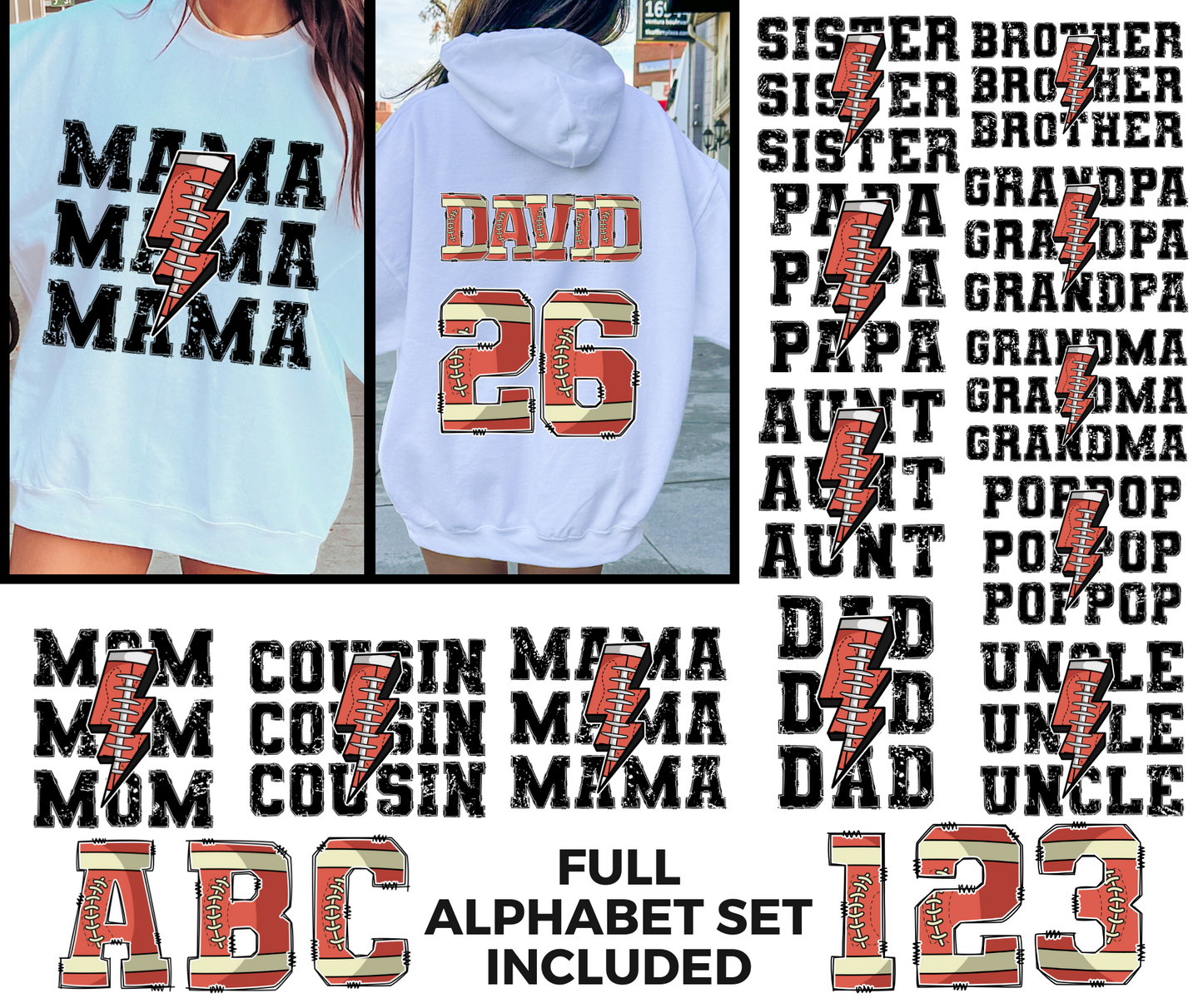 Football Family T-shirt Png Design, Varsity Sports Sublimation, Alphabet Set Digital Download PNG File, Custom Name Football Doodle Letter