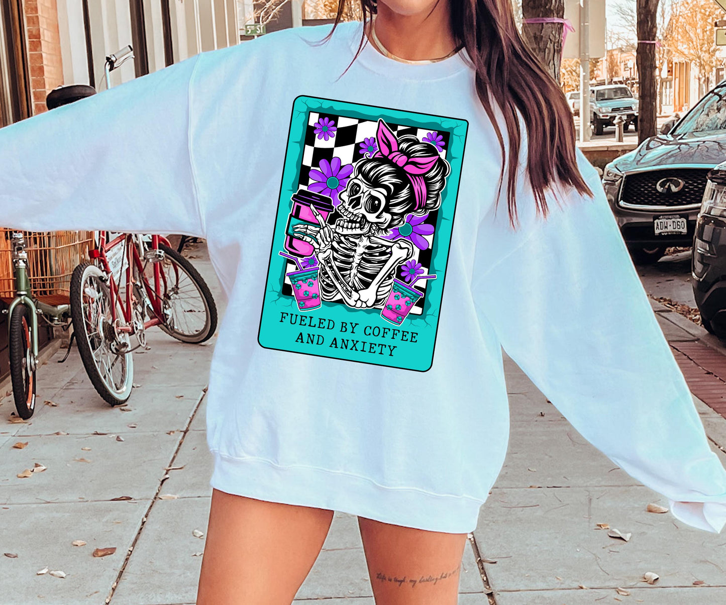 Fueled by Coffee and Anxiety Card T-shirt Png Design, Retro Hippy Sublimation, Skeleton Digital Download PNG File, Commercial Use