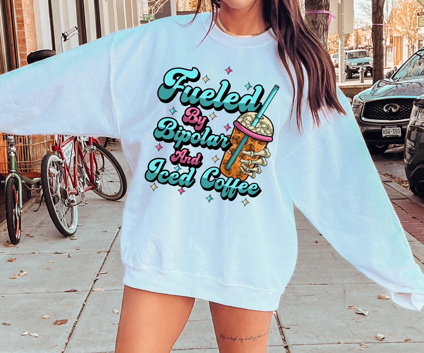 Fueled by Bipolar and Iced Coffee T-shirt Funny  Quote Png, Retro Groovy, Skeleton Png