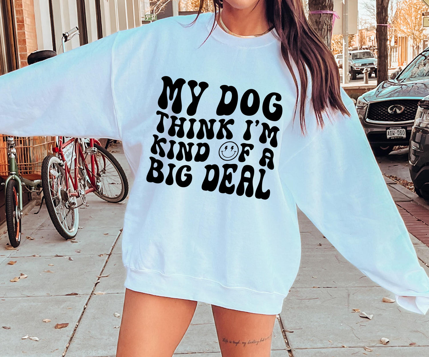 My dog thinks im kind of a big deal smile T-shirt Svg Png Design, Retro Groovy Sublimation, Dog Mom  Digital Download PNG File, Svg File, Commercial Use Matching Pocket Front Back