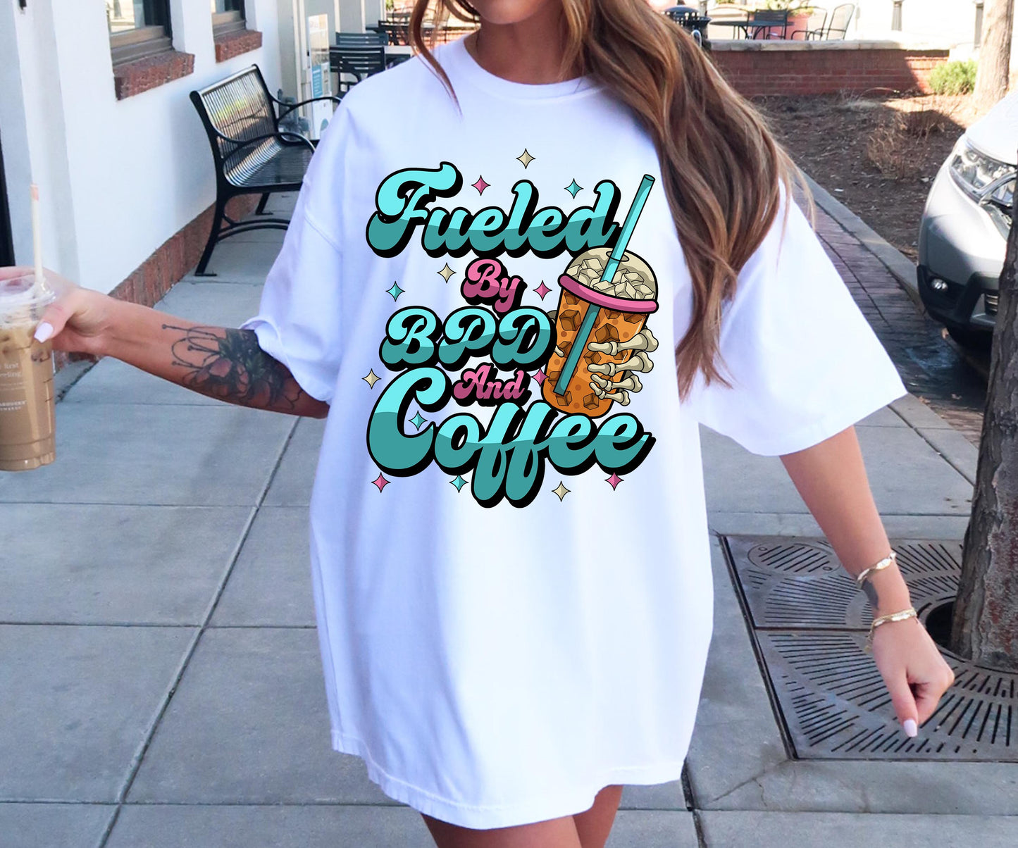 Fueled by BPD and Coffee T-shirt Png Design, Retro Hippy Sublimation, Skeleton  Mental health Digital Download PNG File, Commercial Use